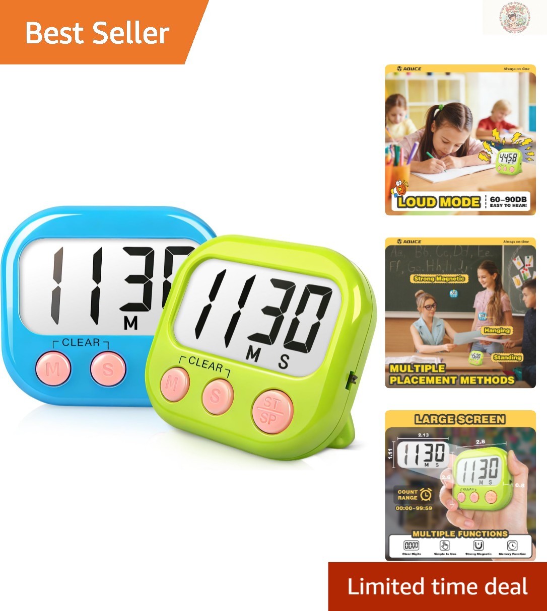 Large Display Magnetic Timers for Classrooms - 2 Pack in Stylish Blue & Green
