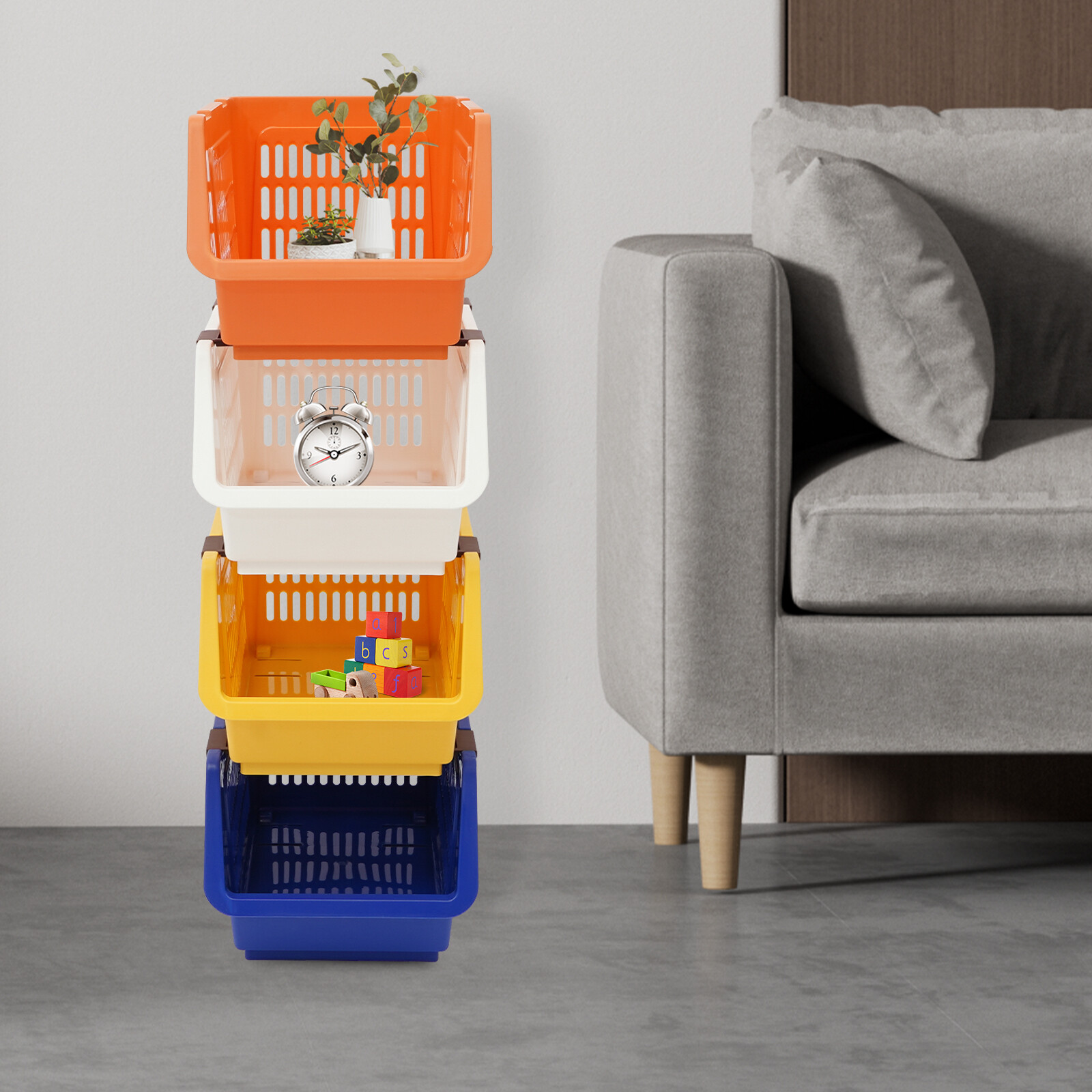 4-Piece Stackable Storage Baskets Open Front PP Organizer with Wheels
