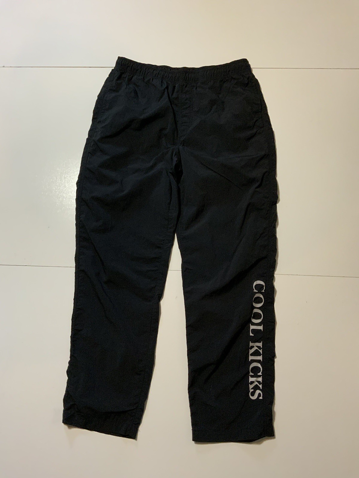 CoolKicks Black Windbreaker Graphic Logo Reflective Drawstring Track Pants Sz. L