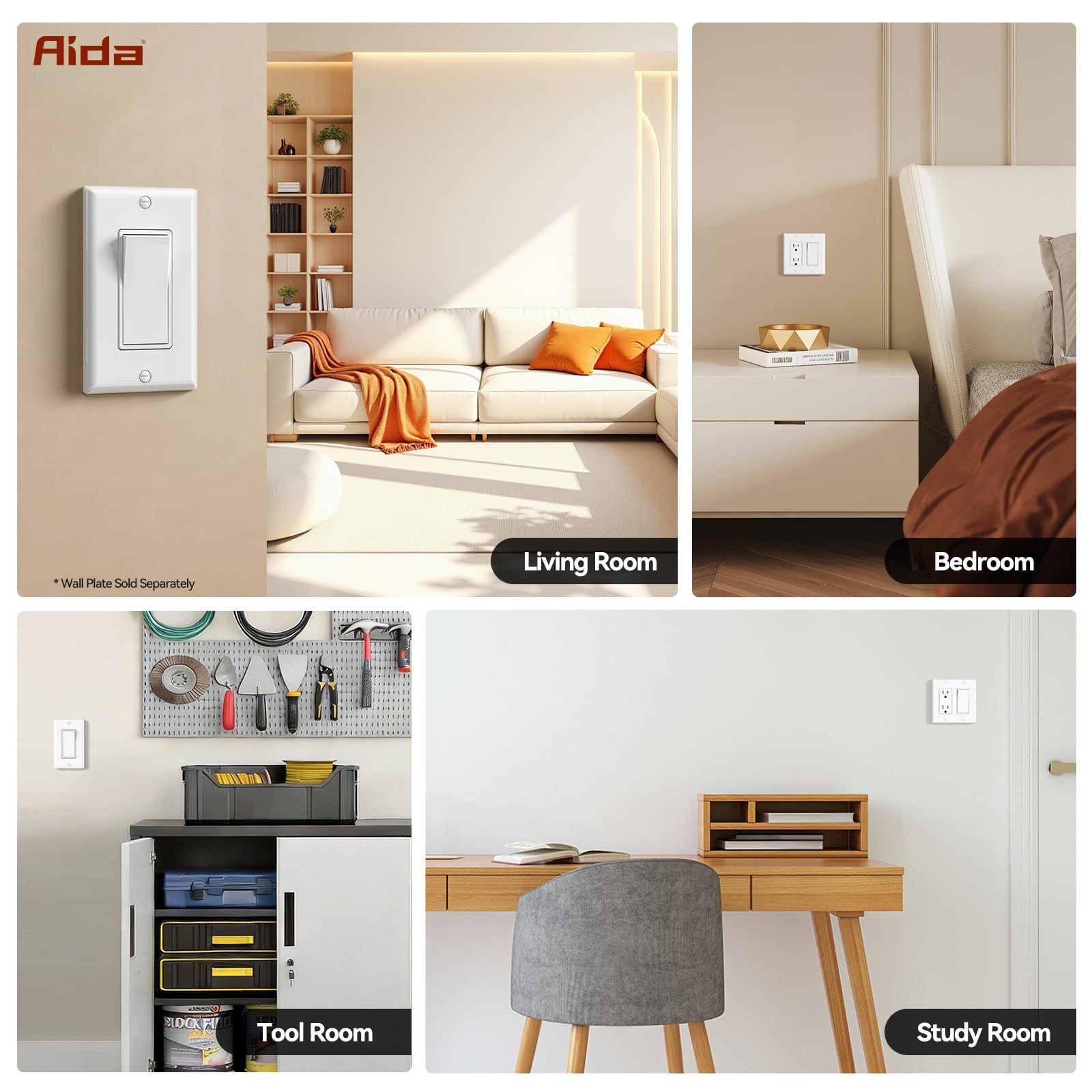 AIDA Single Pole Rocker Decorator Light Switch, 15 Amp Self-grounding Electri...