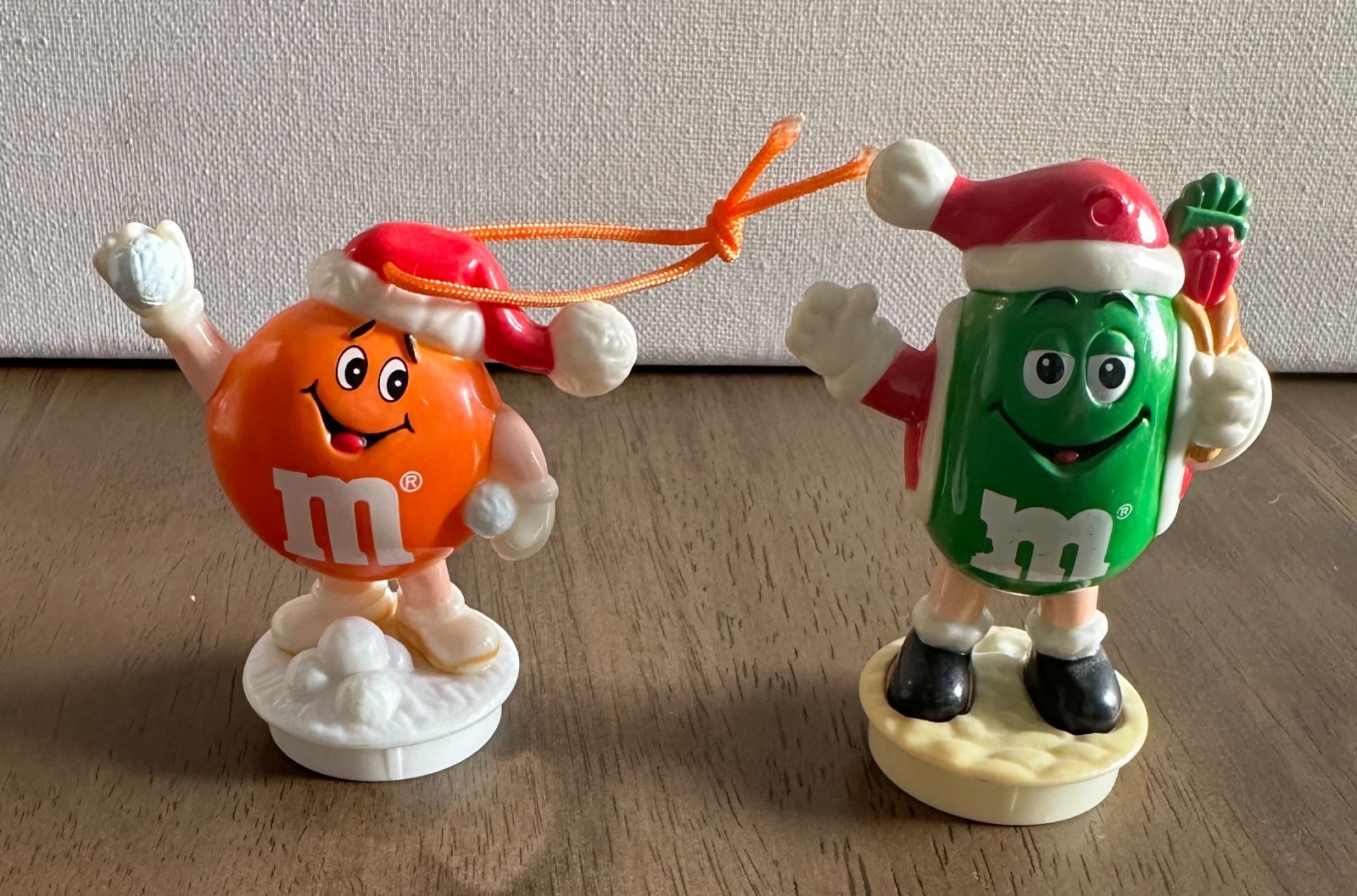 2 Vintage M&M Christmas Ornaments 1997 Green and Orange M&Ms