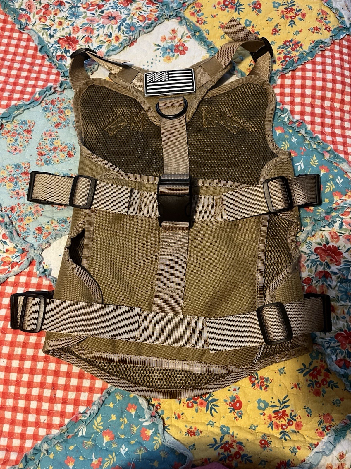 Tan Tactical Chest Vest Rig Nylon Adjustable One Size Hunting w/ Flag Patch