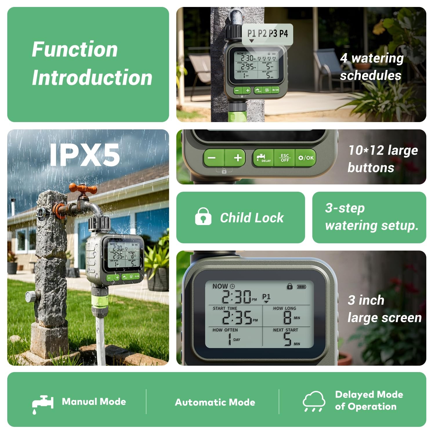 VODESON Sprinkler Timer System w/Brass Splitter|Programmable Stand, Green
