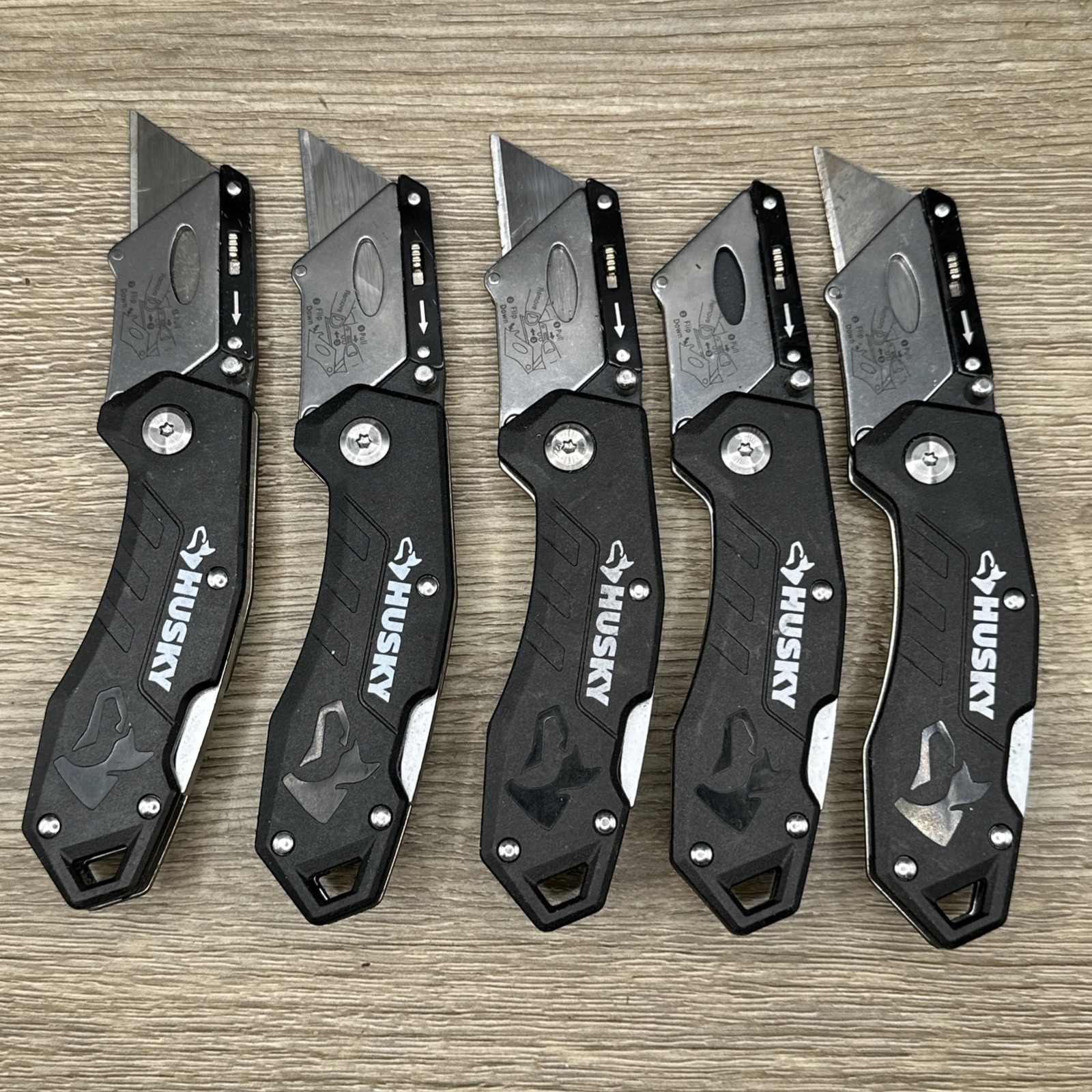 (Lot J) 5 Husky Black Folding Lockback Pocket Utility Knife Set, Box Cutter
