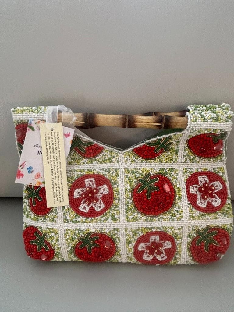 Handcrafted in India Beaded Bag Bamboo Handle Tomatoes Tik Tok Viral NWT