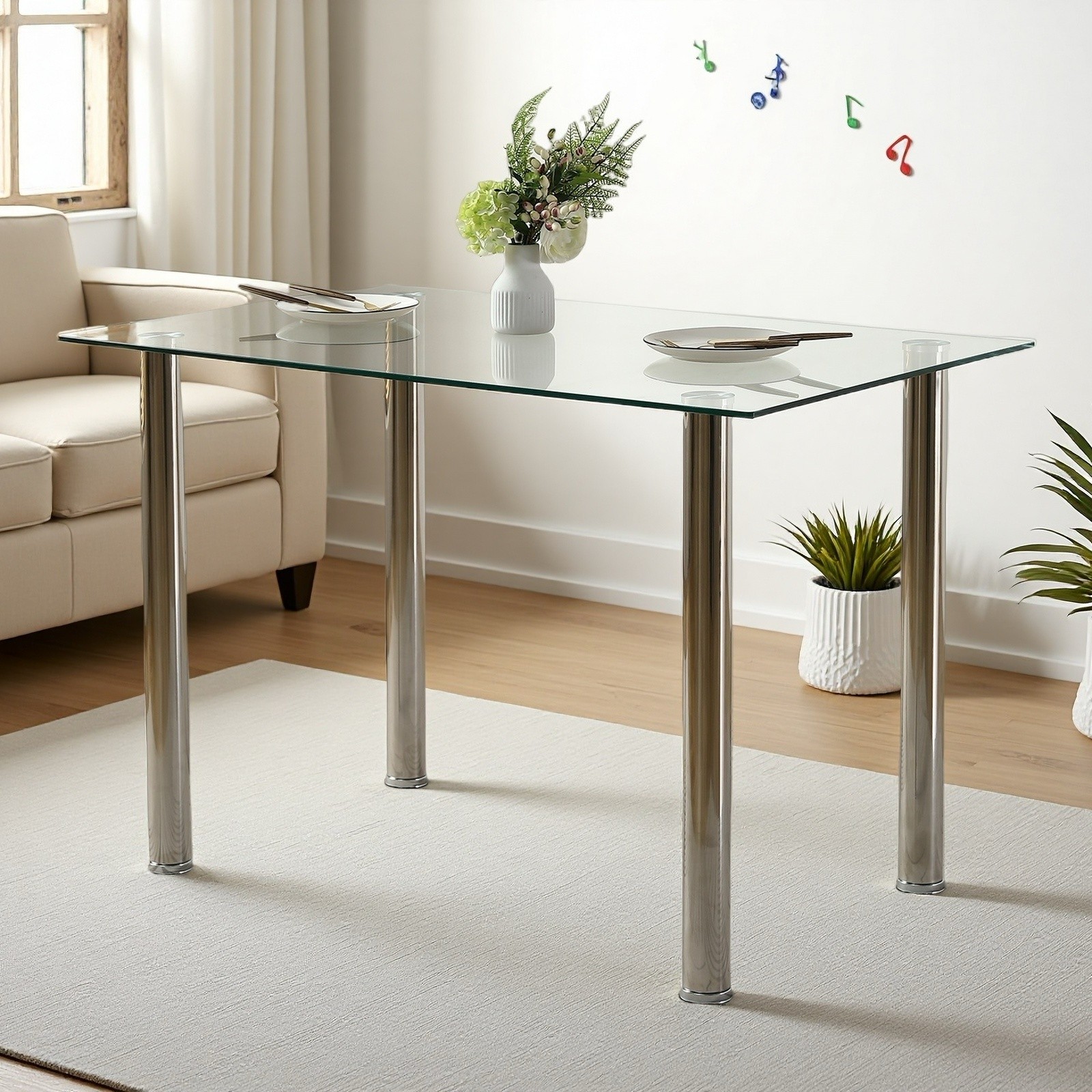 Glass Dining Table - 4 Seater Tempered Clear Glass 43.3" Rectangle Kitchen Desk