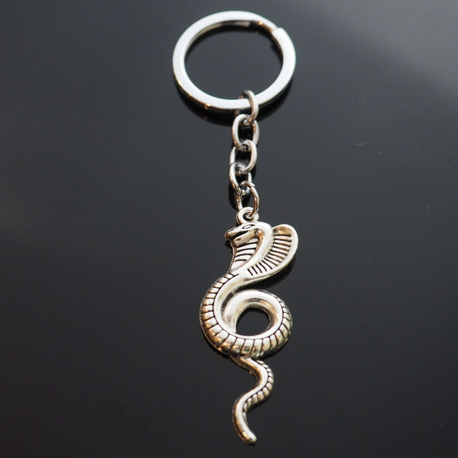 King Cobra Snake Coiled Lover Silver Charm Pendant Keychain Gift