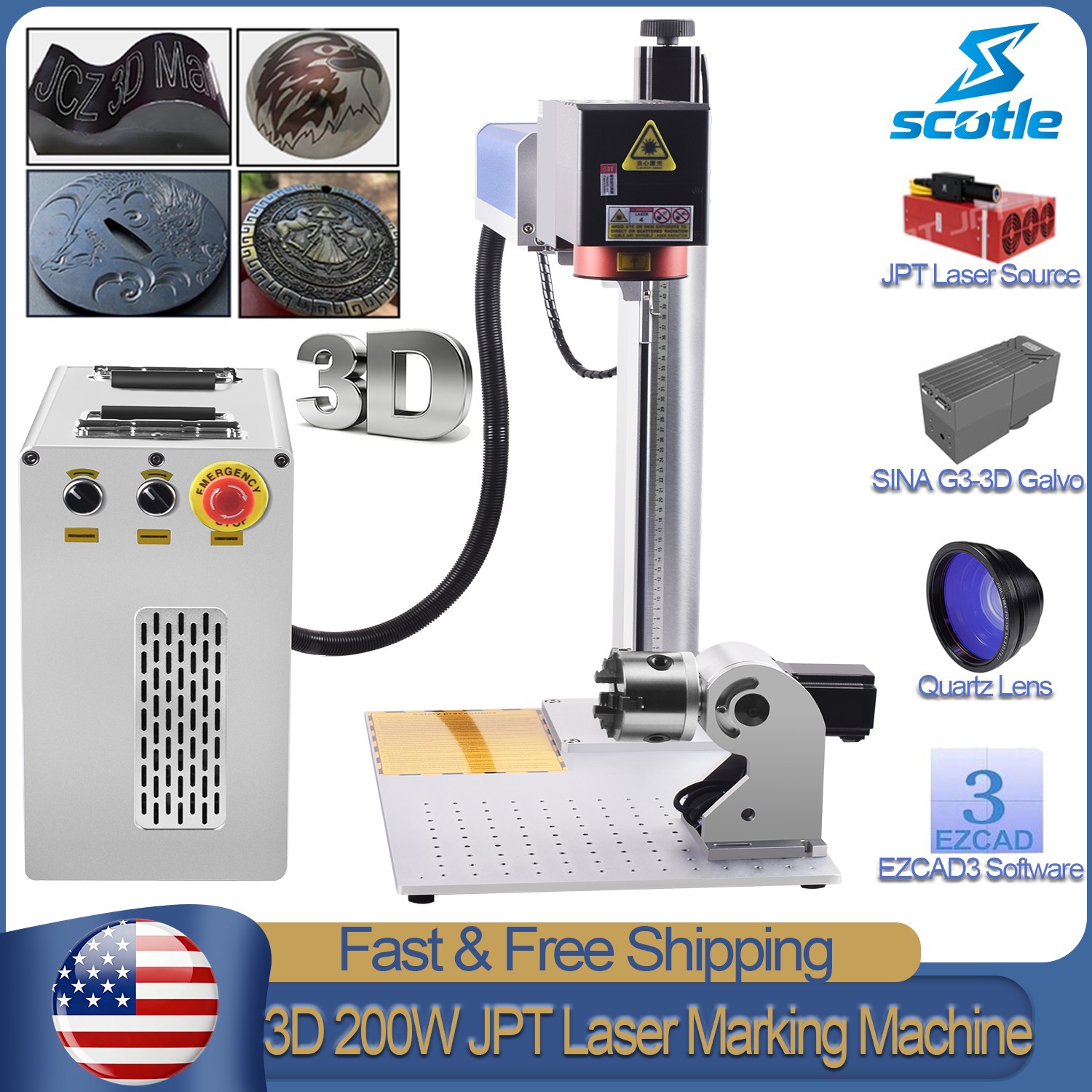 3D 200W JPT MOPA Fiber Laser Marking Machine Engraver Curved/Relief/Deep EZCAD3