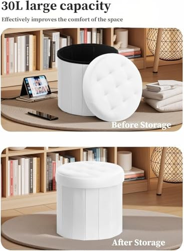 Ottoman with Storage， Foot Rest Stool with Thicker Foam Leather White-2pc