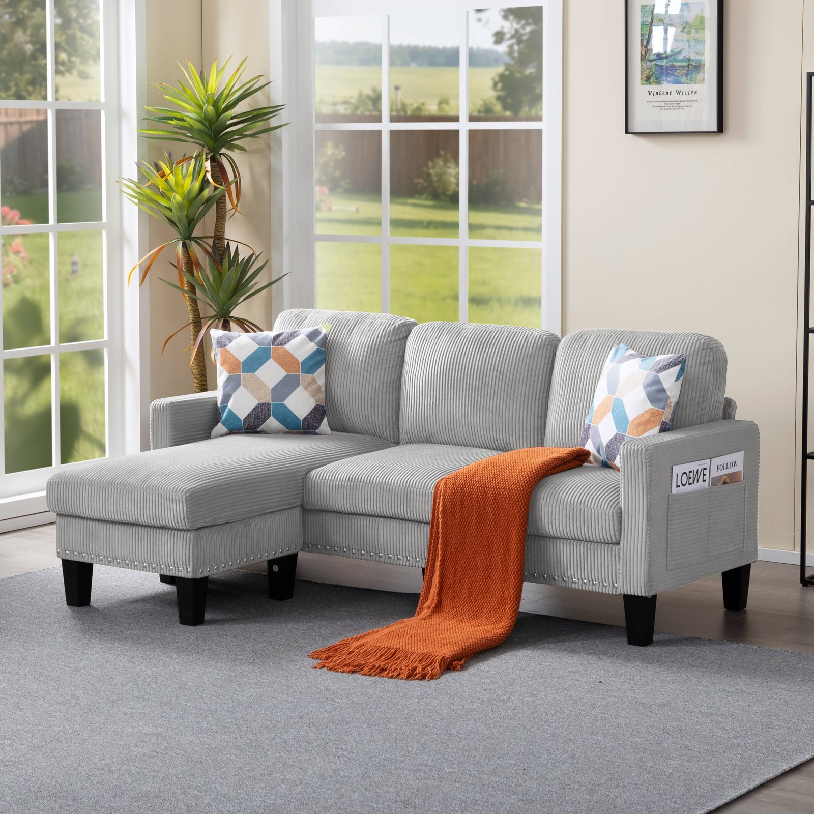 Corduroy L-Shaped Sectional Sofa Reversible Ottoman Nailhead Trim w/2 Pillows