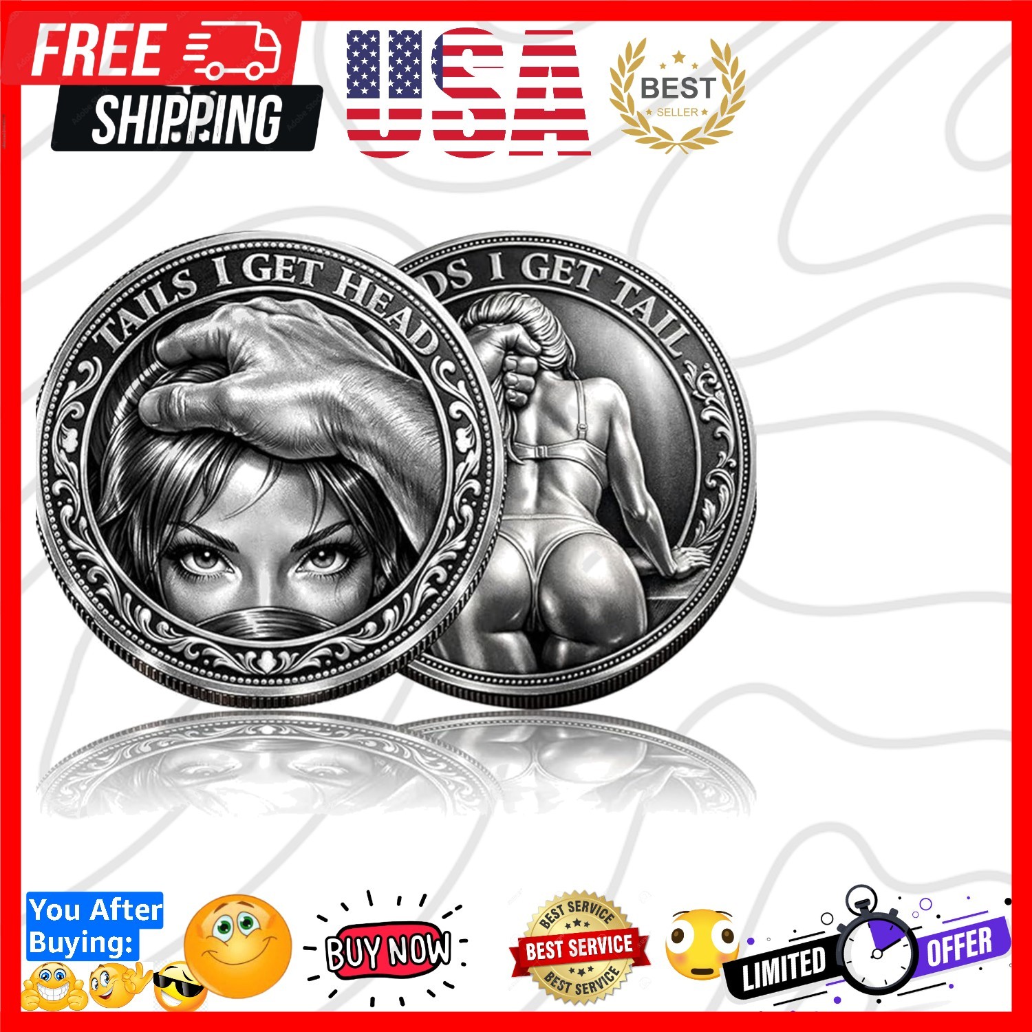 Funny Heads or Tails Coin Heads I Get Tail/Tails I Get Head Double-Sided Humo...