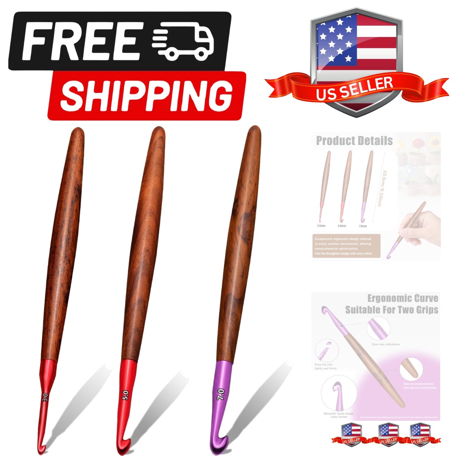 Crochet Hooks Set, Ergonomic Crochet Hooks 3 Pcs, Colored Aluminum Crochet Ho...