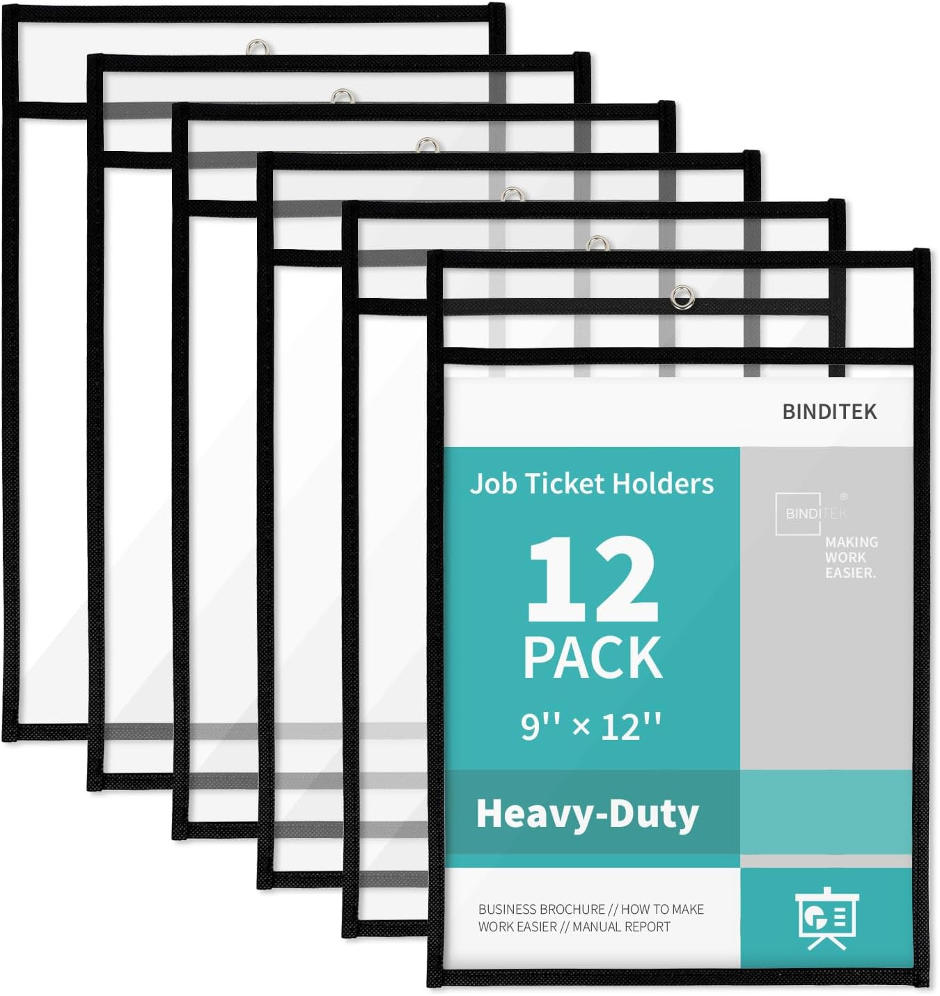 12 Pack Heavy Duty Job Ticket Holders, 9 x 12 Inch Black Dry Erase Pockets, Reus
