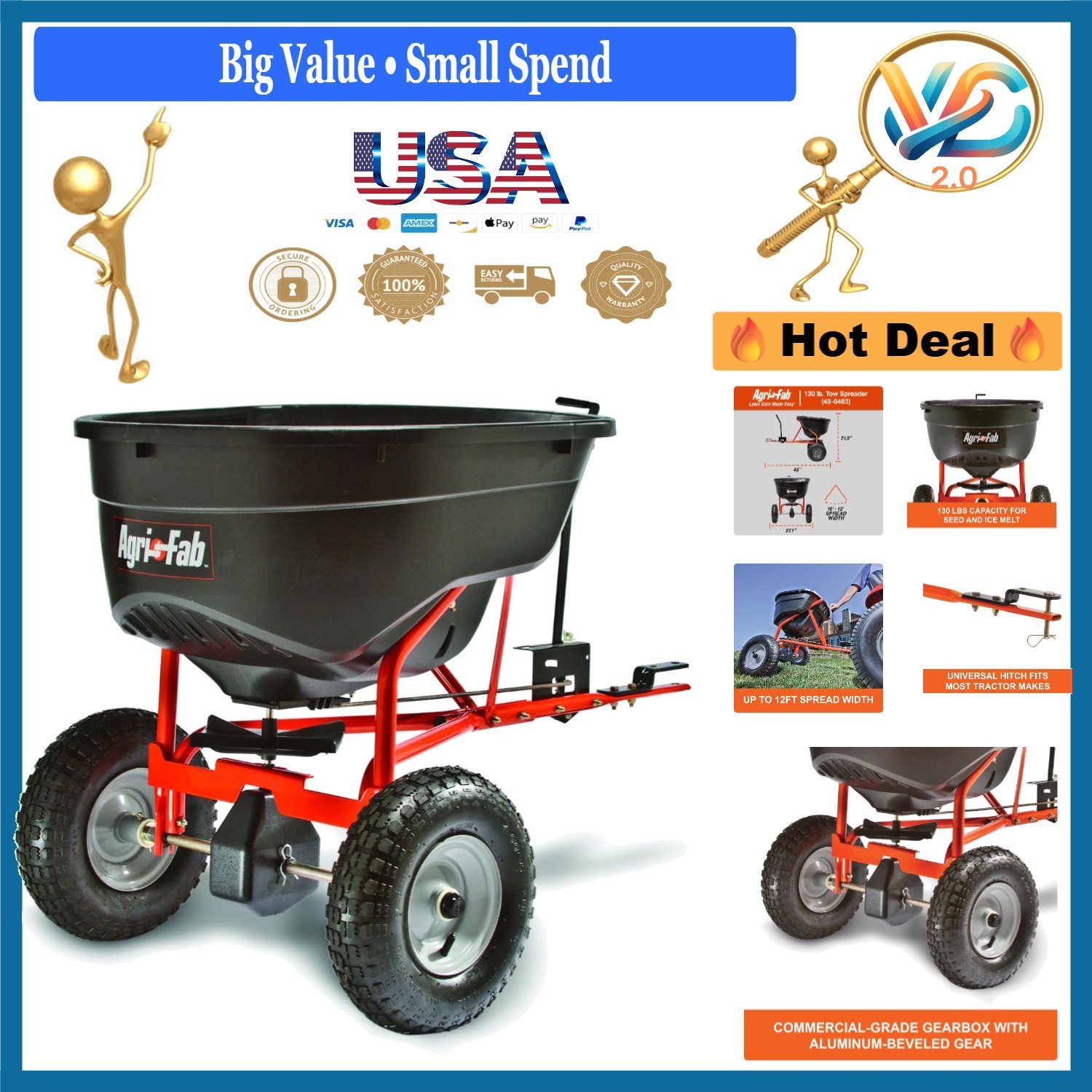 Agri-fab 45-0463 130 lb Tow Behind Broadcast Spreader for Lawn Seeds Fertiliz...