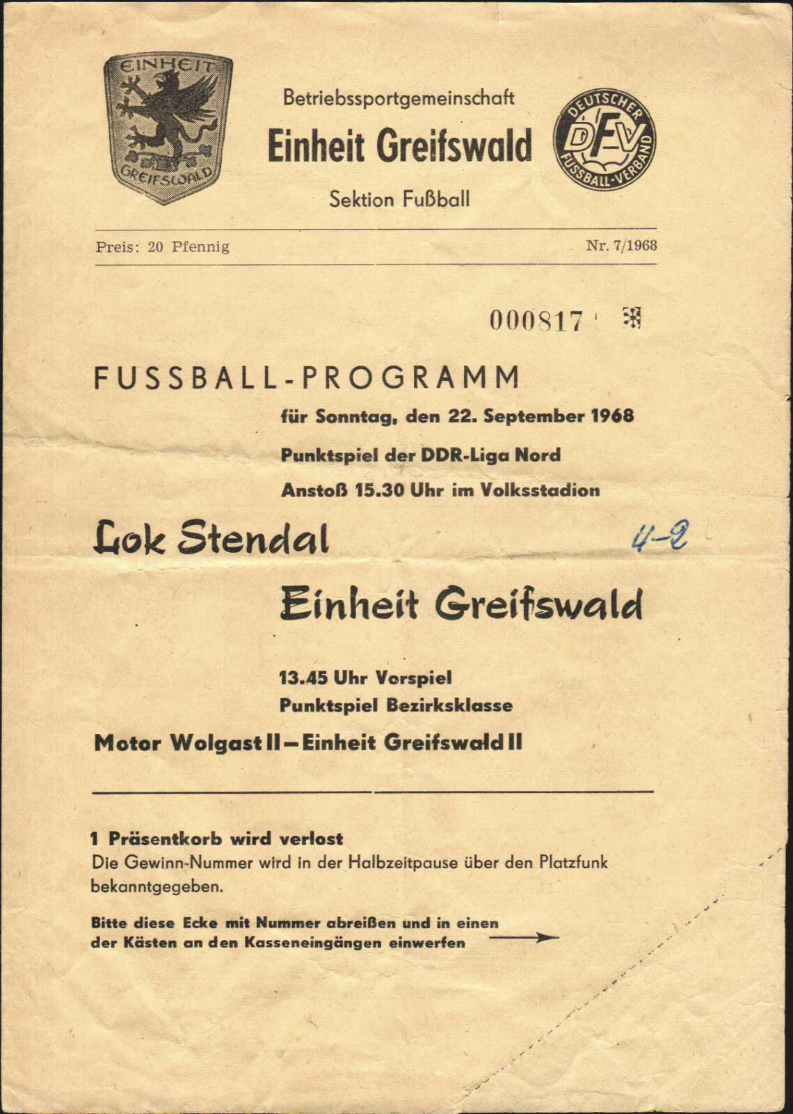 Ddr-League 68/69 Bsg Unity Greifswald - Lok Stendal, 22.09.1968