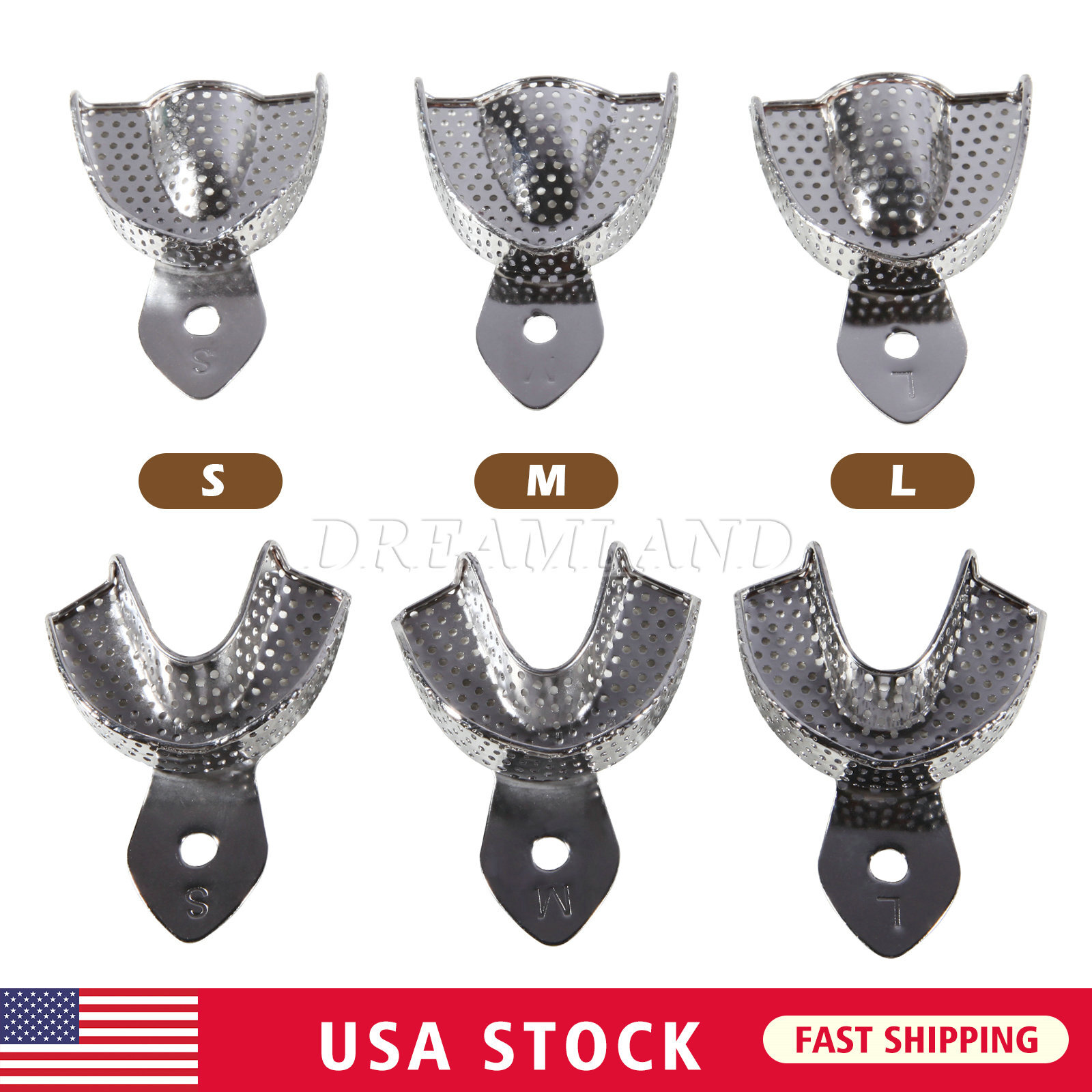 Dental Autoclavable Metal Impression Trays Perforated Stainless Steel S M L 6 Pc