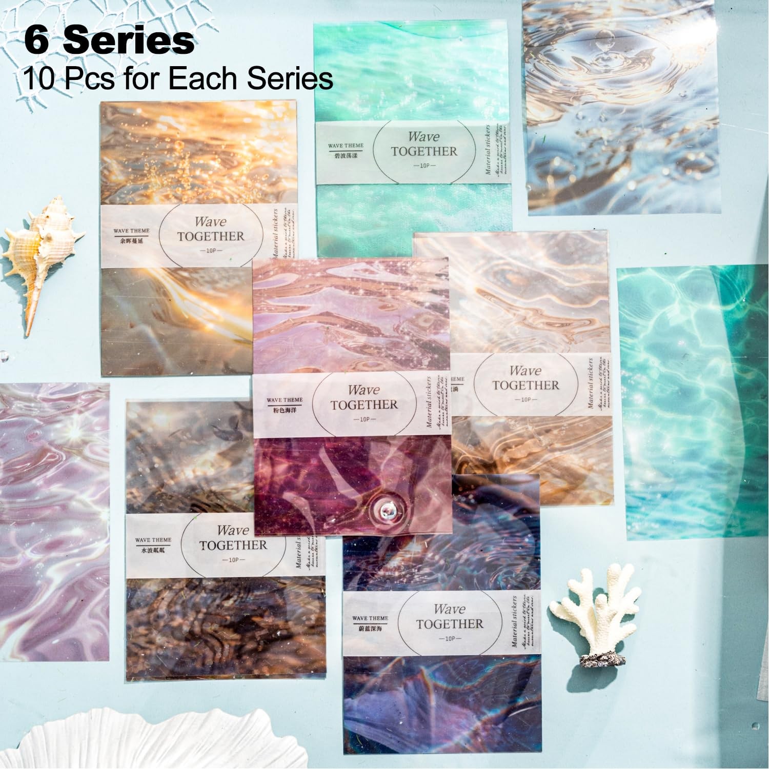 AuriicLeaf Wave PET Scrapbook Stickers Set, 60PCS Ocean Together