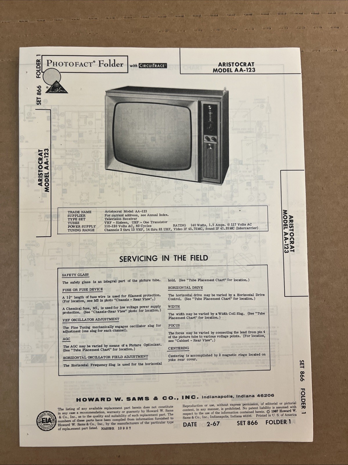 Vintage Sams Photofact Schematic 2-1967 ARISTOCRAT MODEL AA-123