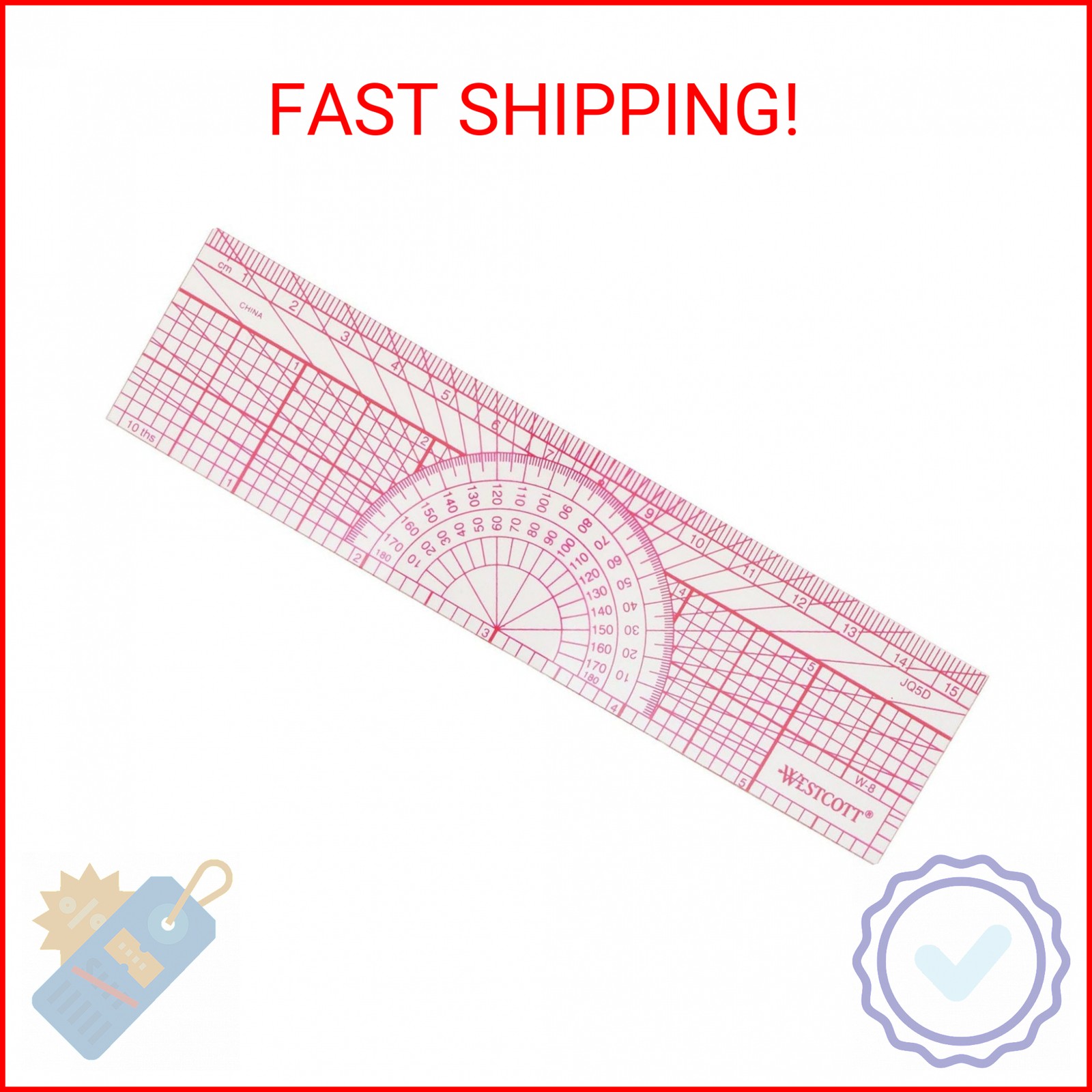 Westcott Engineers' Protractor Ruler, Dual-Scales Cm and Tenths-Inch, Back-to-Sc