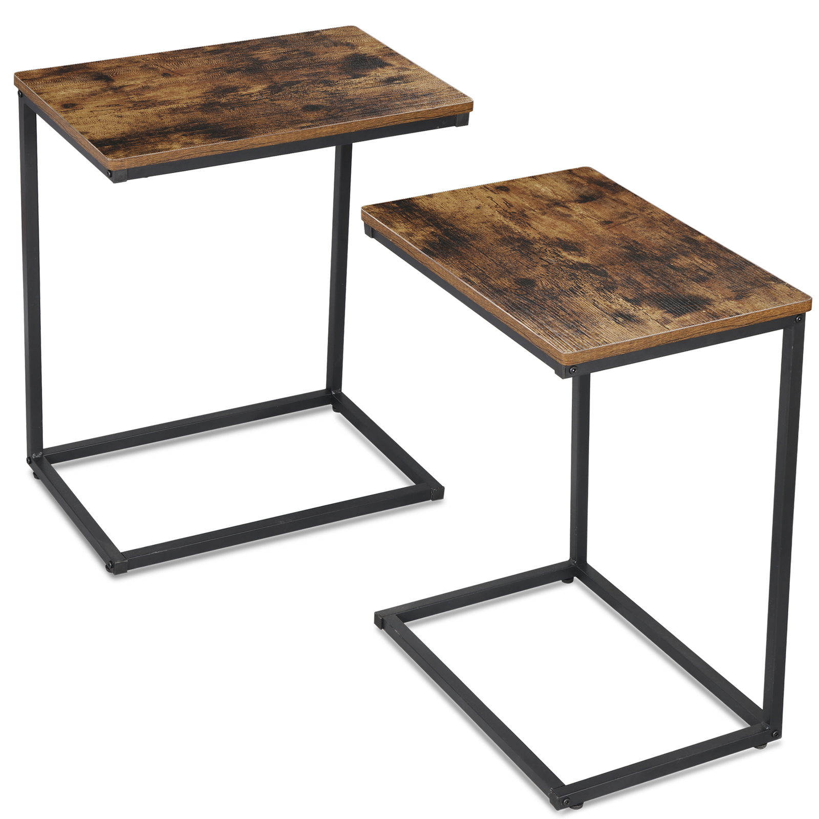 C Shaped End Table 2PCS Rustic Brown Side Table Bedside Table with Metal Frame