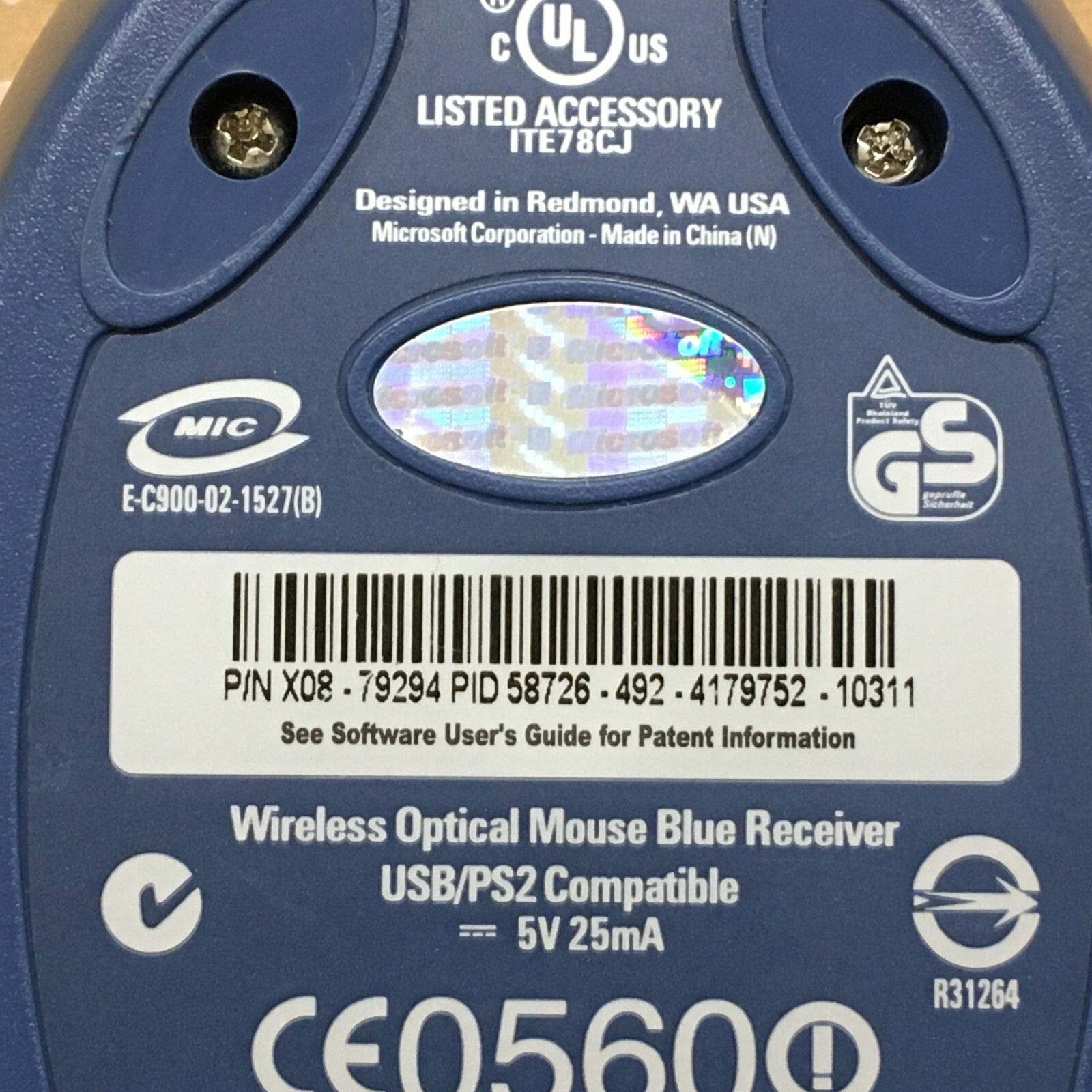 Microsoft Wireless Optical Mouse Blue USB Receiver ONLY X08-79294 - TESTED