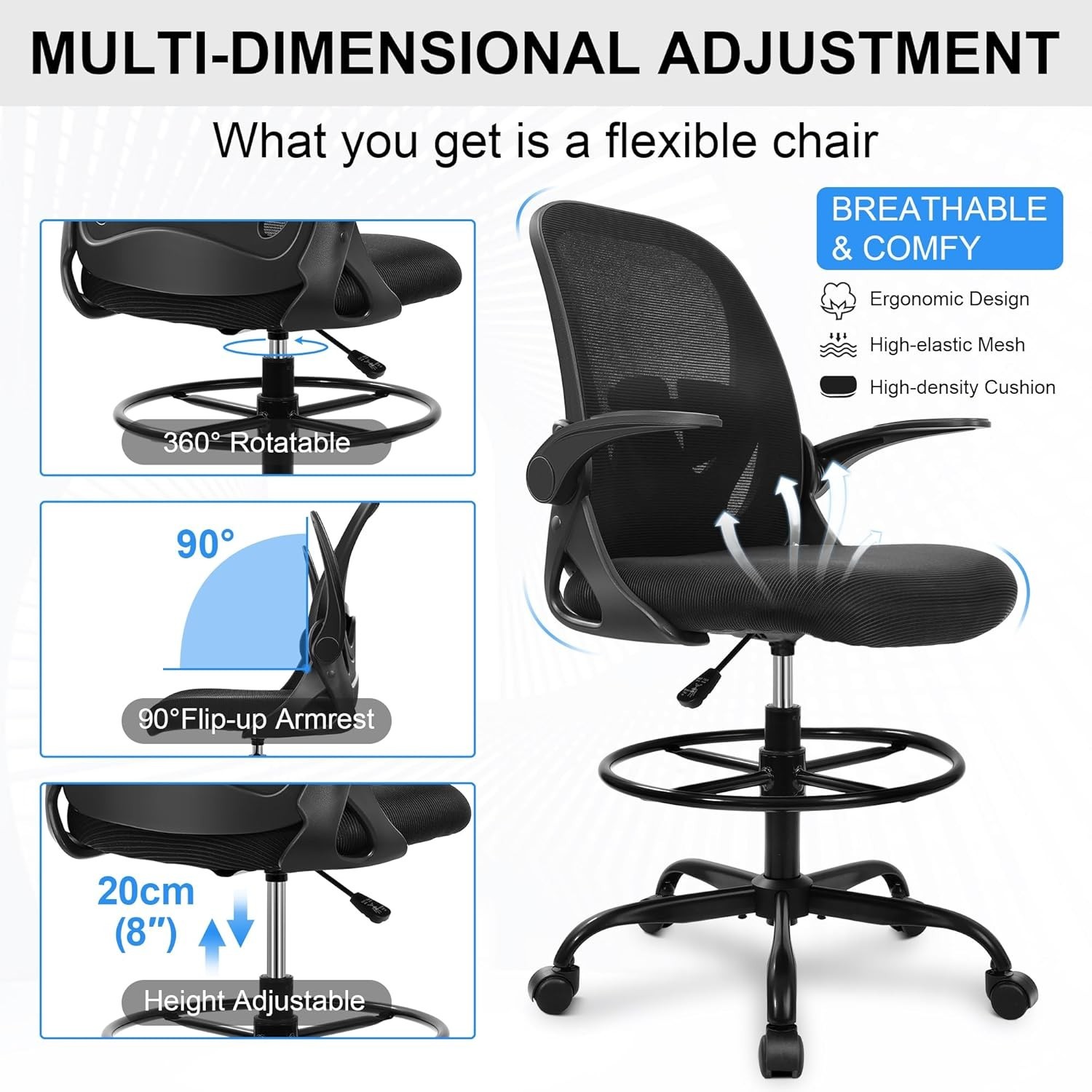 Drafting Chair Tall Office Chair with Flip-up Armrests Executive Ergonomic Co...