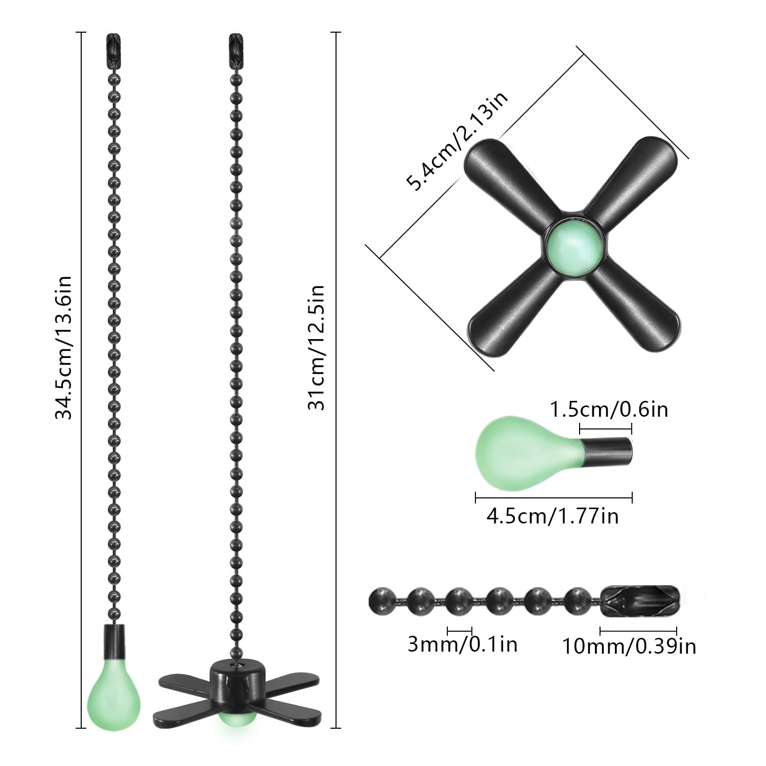 Black Ceiling Fan Pull Chain Set 2Pack 3Mm Diameter Beaded Fluorescent Decorati