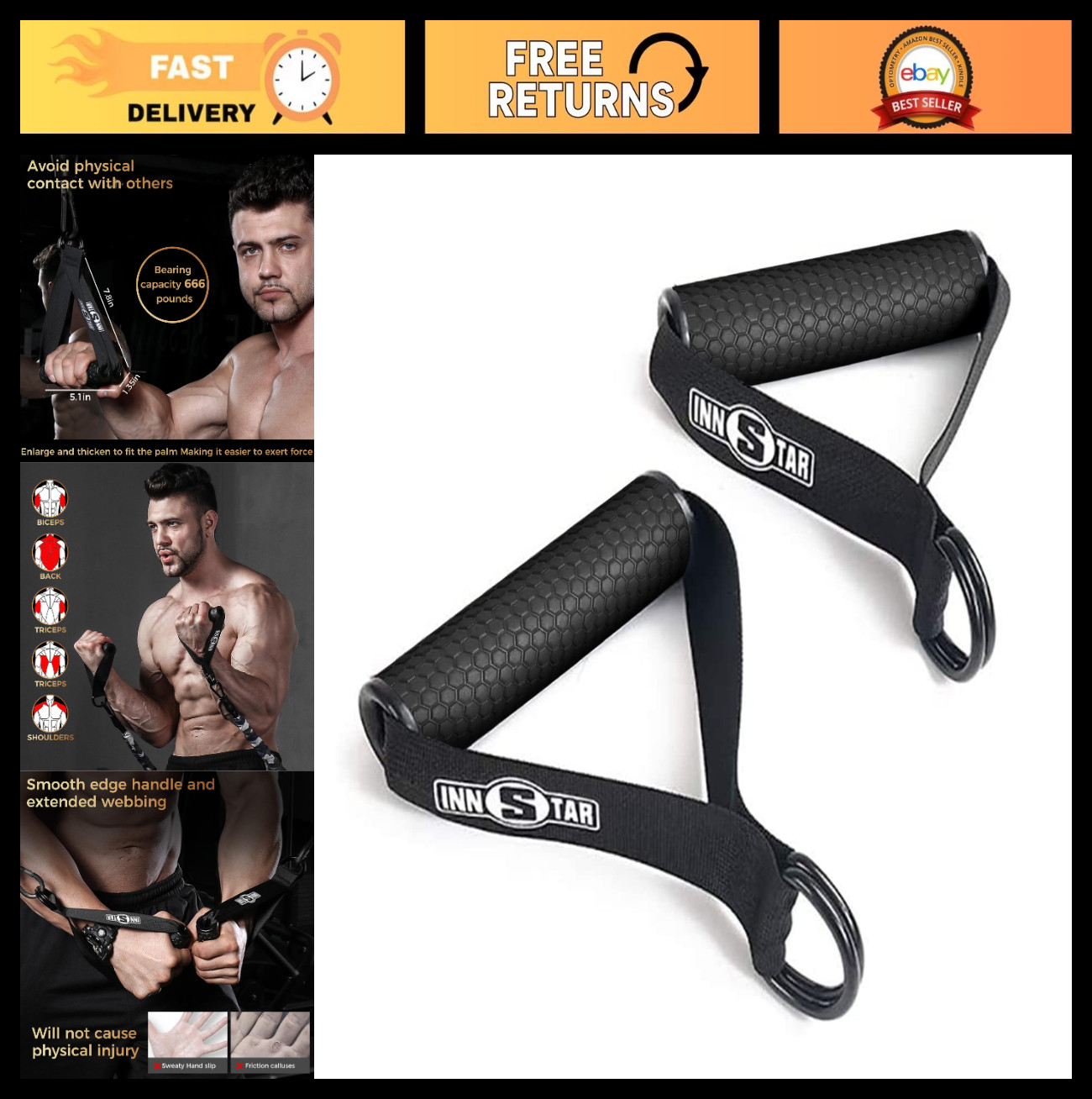 Heavy Duty Cable Attachments for Gym - Solid ABS D Handle Grips, Resistance Band