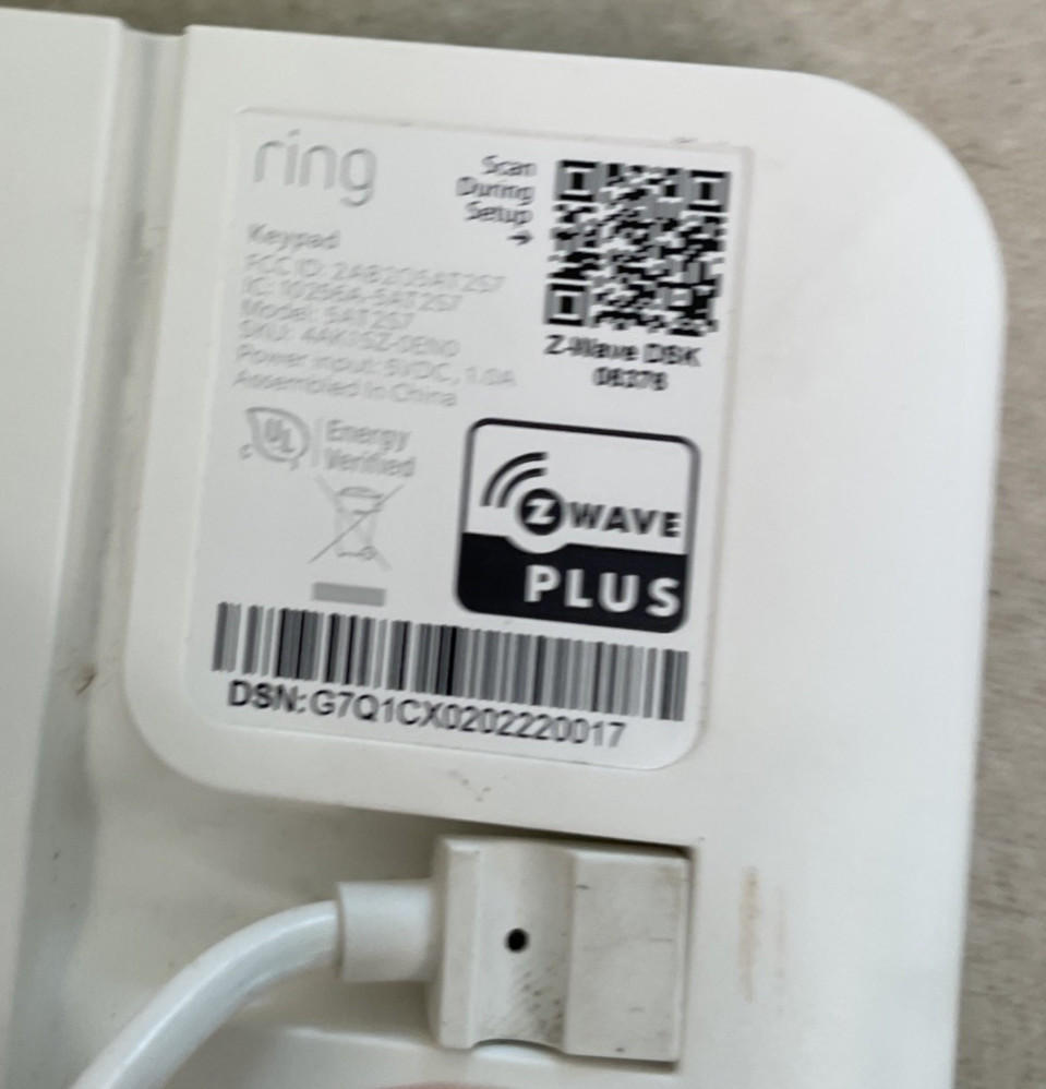 Ring Security Alarm Keypad Z-Wave Plus 06378 w/ Power Adapter Untested White