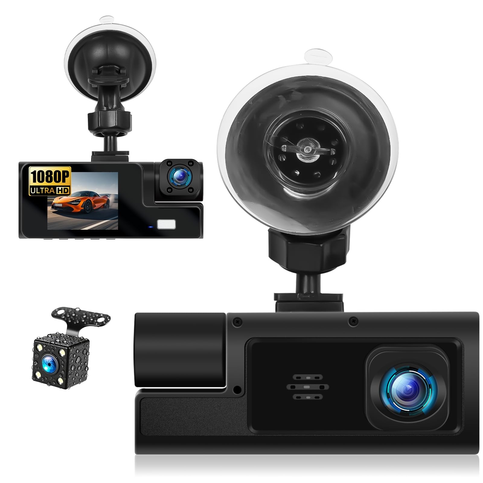 3 Channel Dash Cam Front and Rear Inside, 2.0'' 1080P Dash Camera for Cars, D...