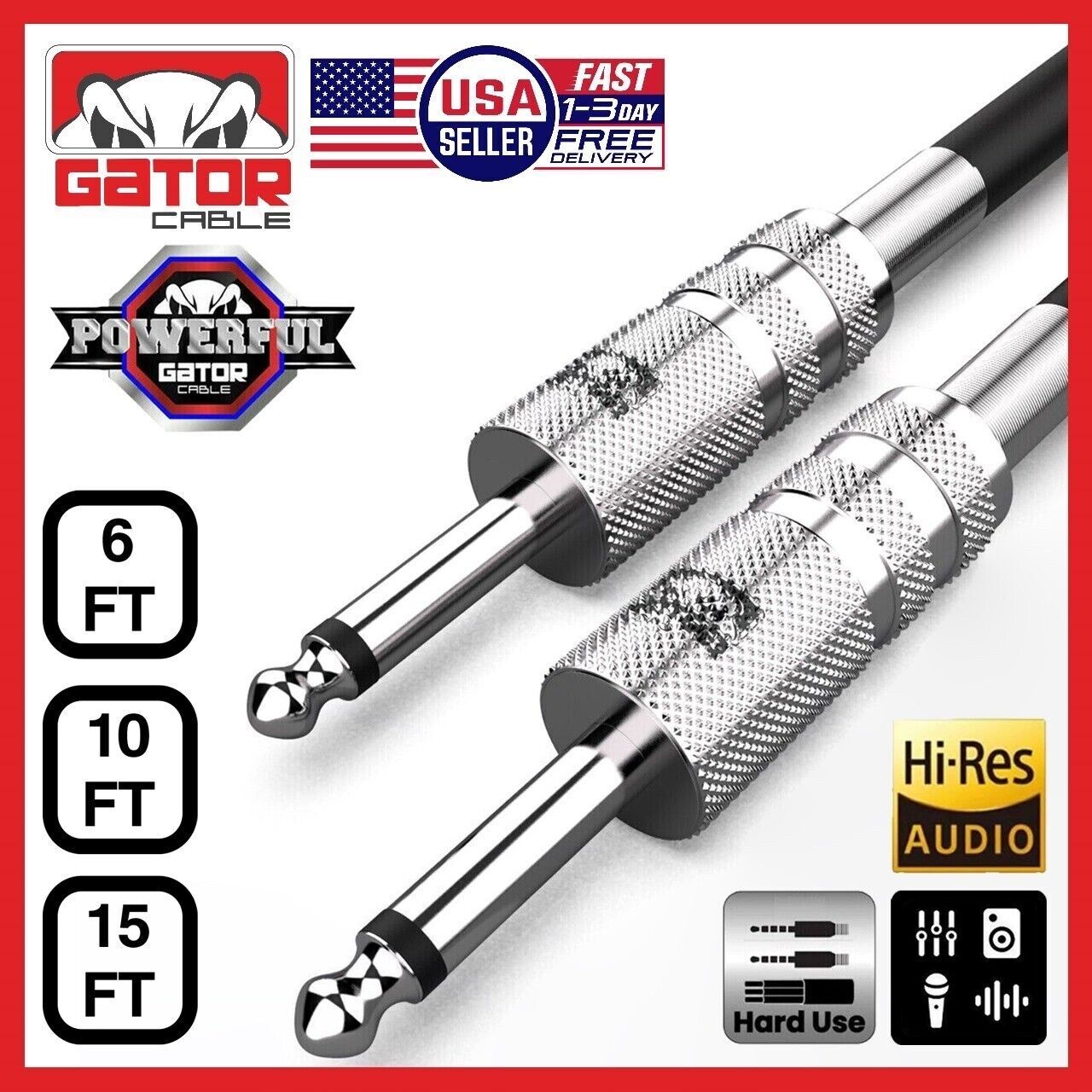 1/4” Mono Male to Male Instrument Cable Guitar Bass Amp DJ PA Audio Cord 6.35mm