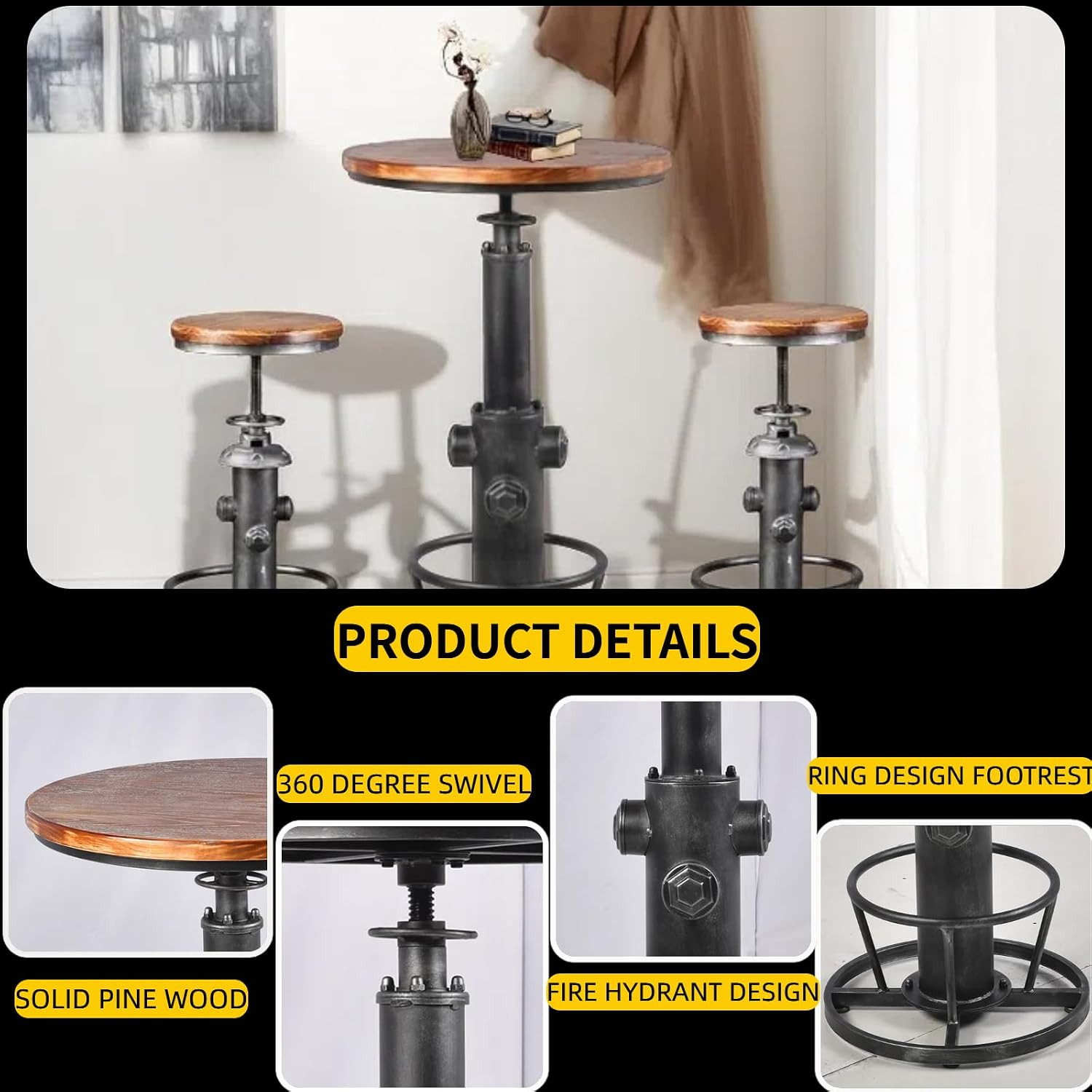 Rustic 3 Pieces Bar Table Set Industrial Fire Hydrant Design Bistro Table Set fo