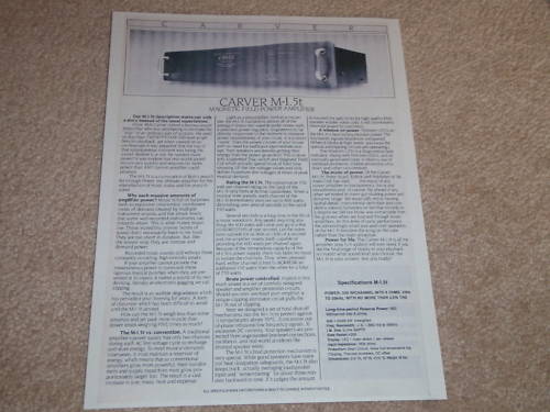 Carver M-1.5t Amplifier Spec Sheet,1 pg, Info,1987