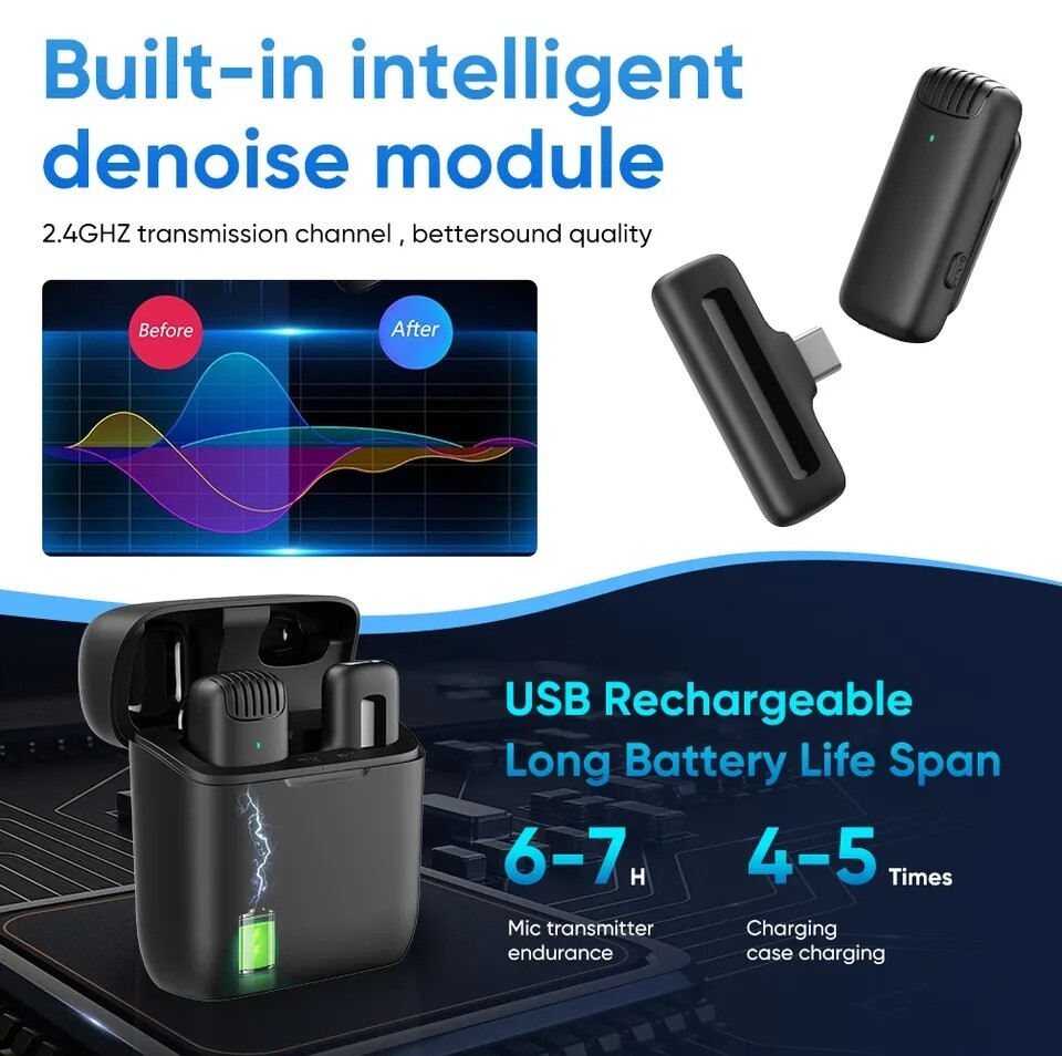 Microfono Mini inalambrico Para Celular Camara Solapa Estuche de Carga Type-C
