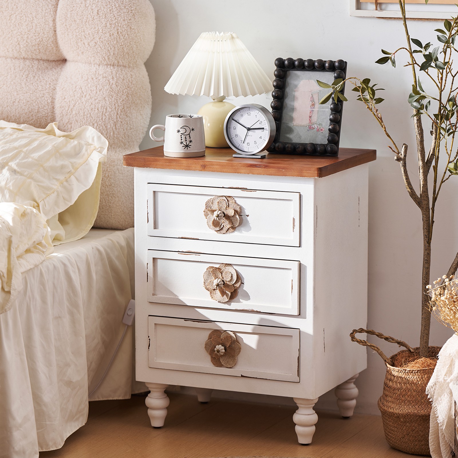 Vintage Farmhouse End Table with Floral Knobs – 19" Rustic Nightstand with 3 Dra