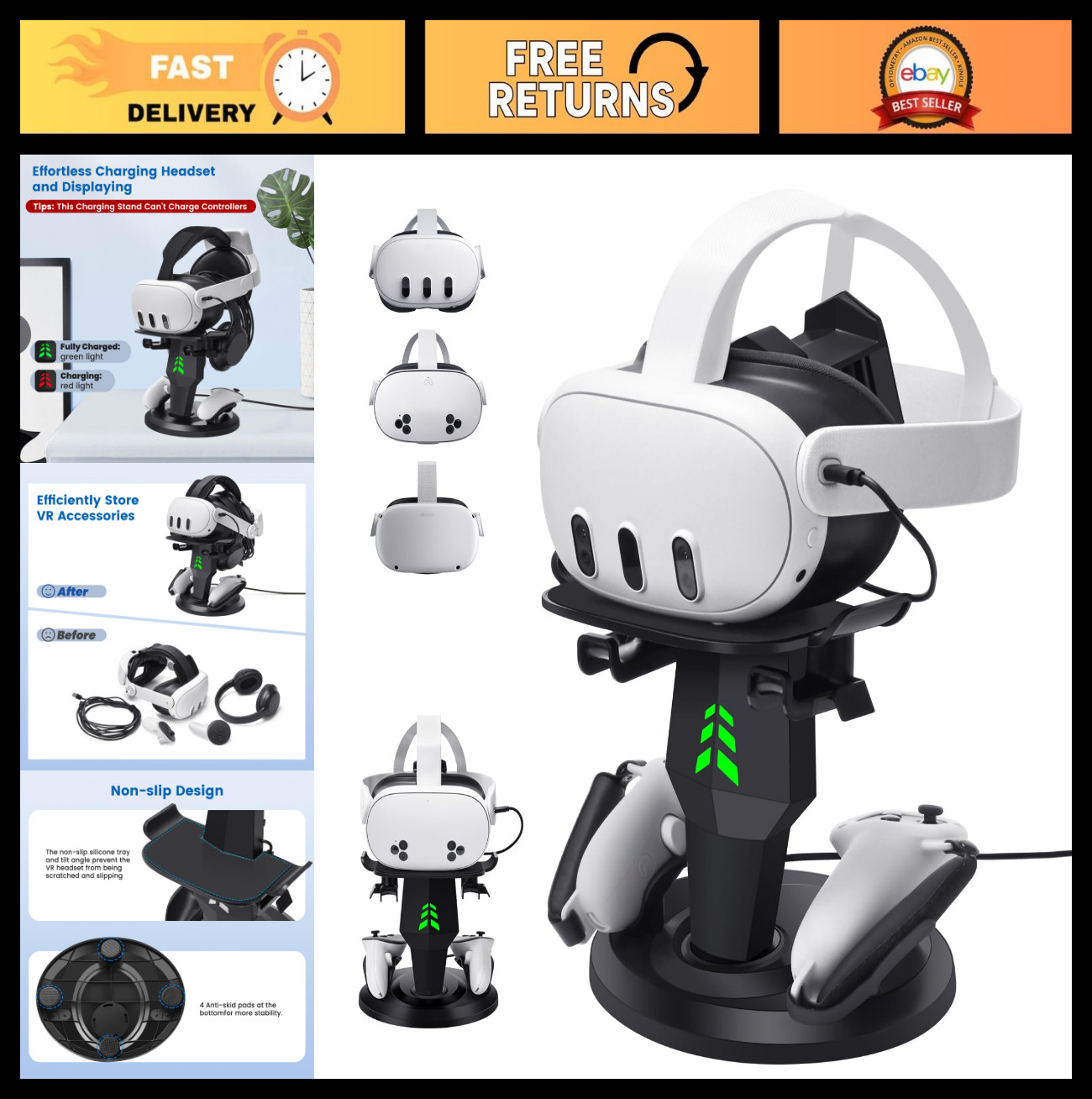 VR Headset Charging Dock for Meta Quest 3/2 - Stand with Type C Cable & Controll