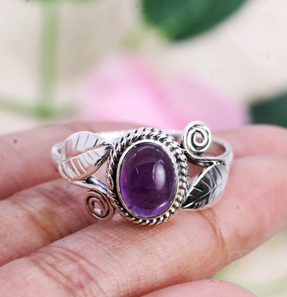 Handmade 925 Sterling Silver Amethyst Gemstone Leaf Women Ring All Size SR549