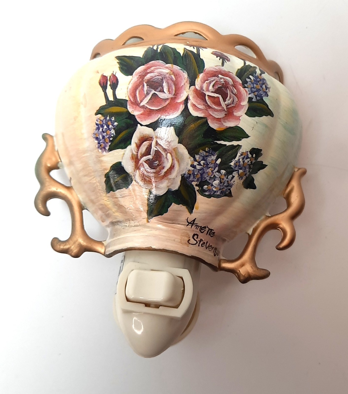Porcelain Night Light w/Roses and Hydrangeas, Signed Annette Stevenson, Vintage