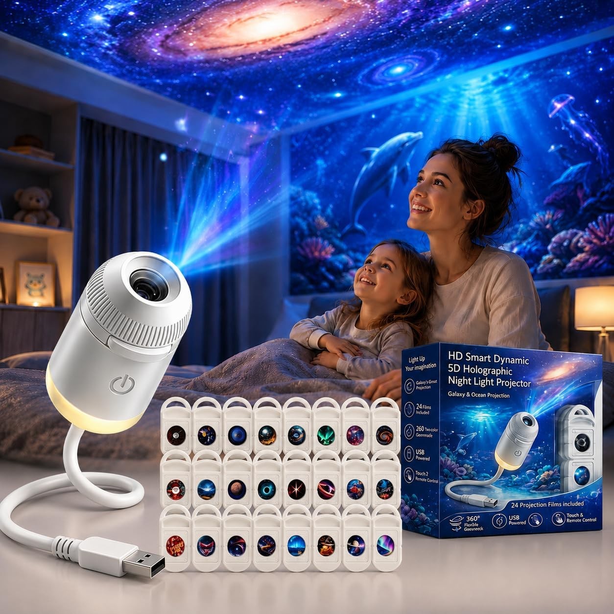 HD Smart Dynamic 5D Holographic Night Light Projector, 2-in-1 Galaxy Star