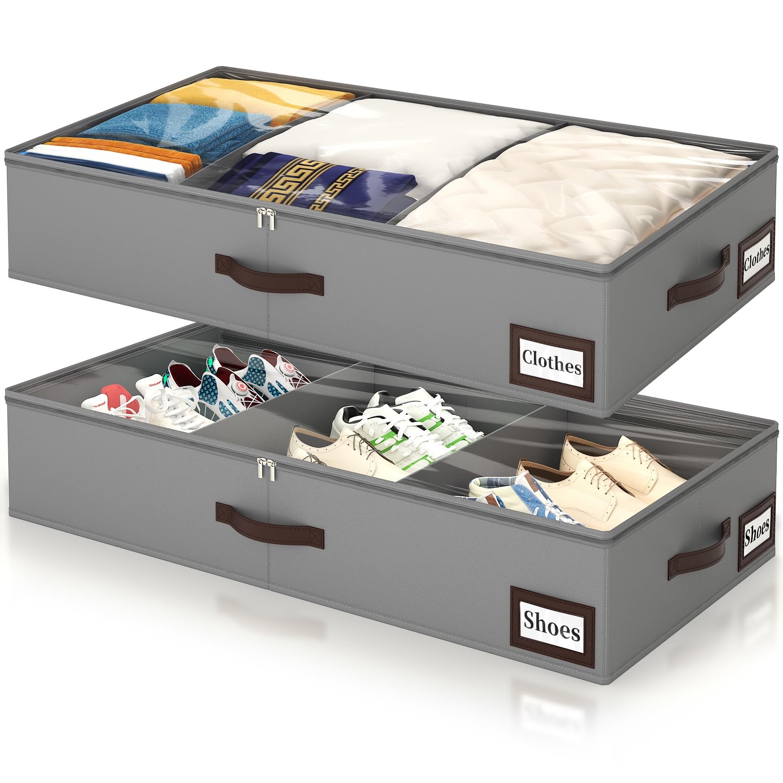 2 Pack 53L Under Bed Storage with Adjustable Dividers, 6" Low Profile Underbe...