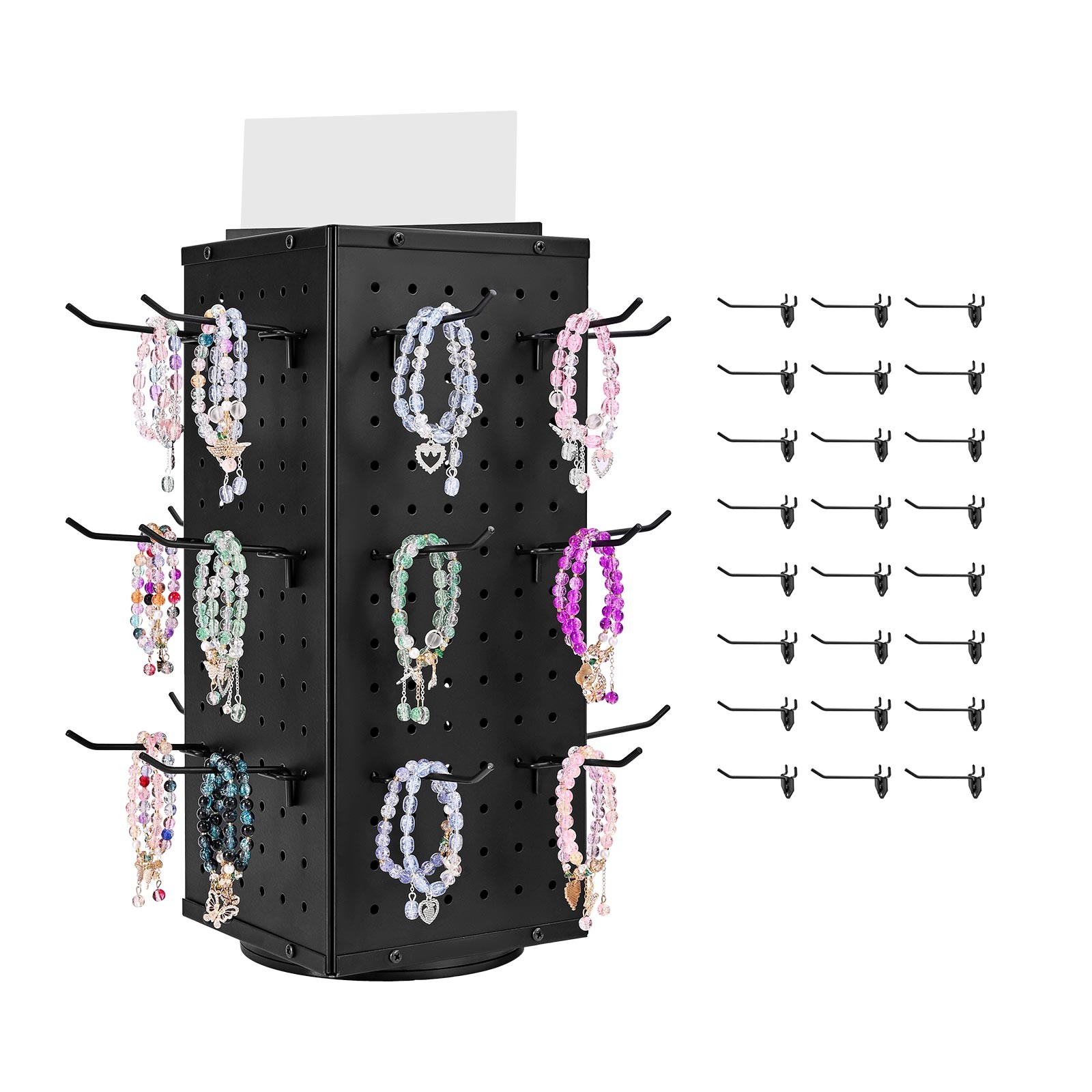 Rotating Pegboard Display 4-Sided Spinning Peg Board Display with 24 Hooks Black