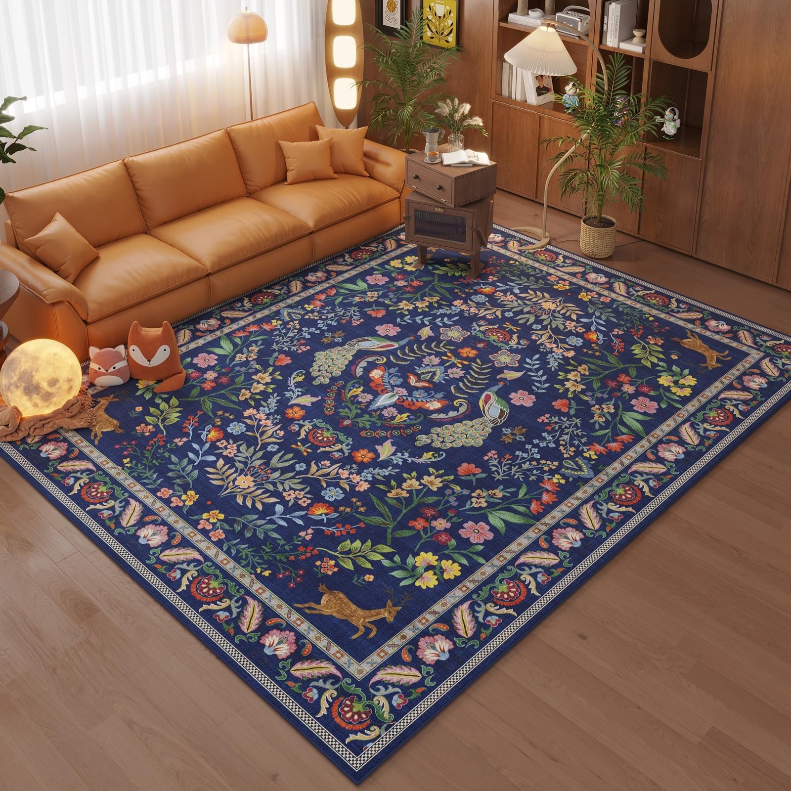 Area Rug 5x7 Machine Washable Floral Non Slip Low Pile Blue RUG0507 Rugcomf Room