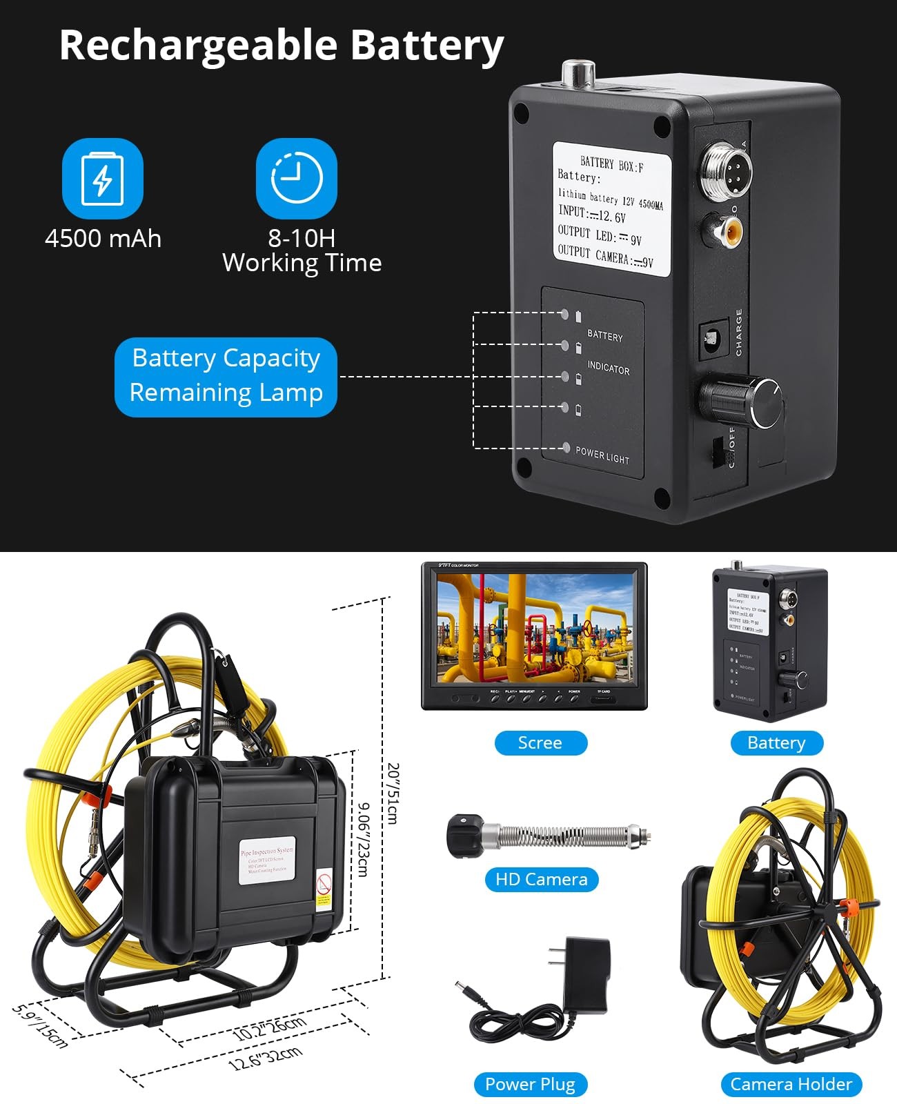 Sewer Camera 165ft/50m Self-Leveling Drain Camera with 9" HD Screen Waterproof