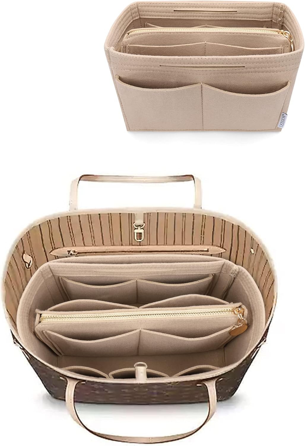 LEXSION Felt Purse Bag Organizer Insert with zipper Tote Medium, Beige