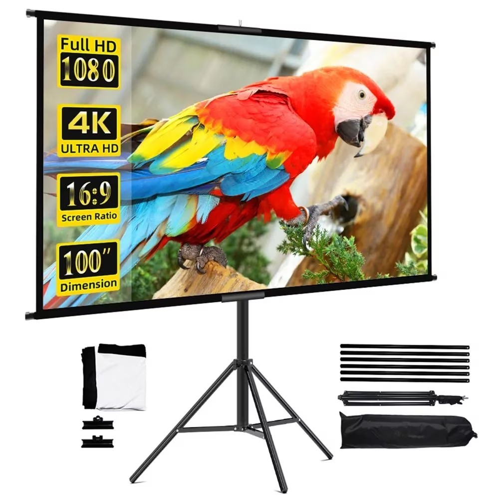 100 Inch Projector Screen with Stand 16:9 4K HD Portable Tripod Movie Screen