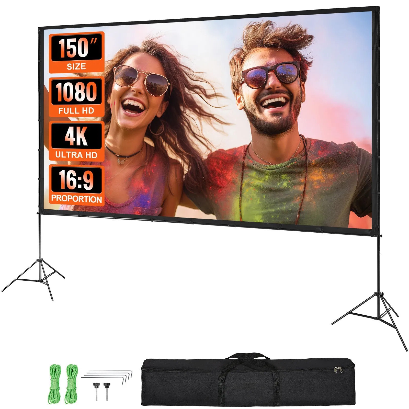 Projector Screen with Stand, 150 inch 16:9 4K 1080 HD Outdoor Movie Screen with