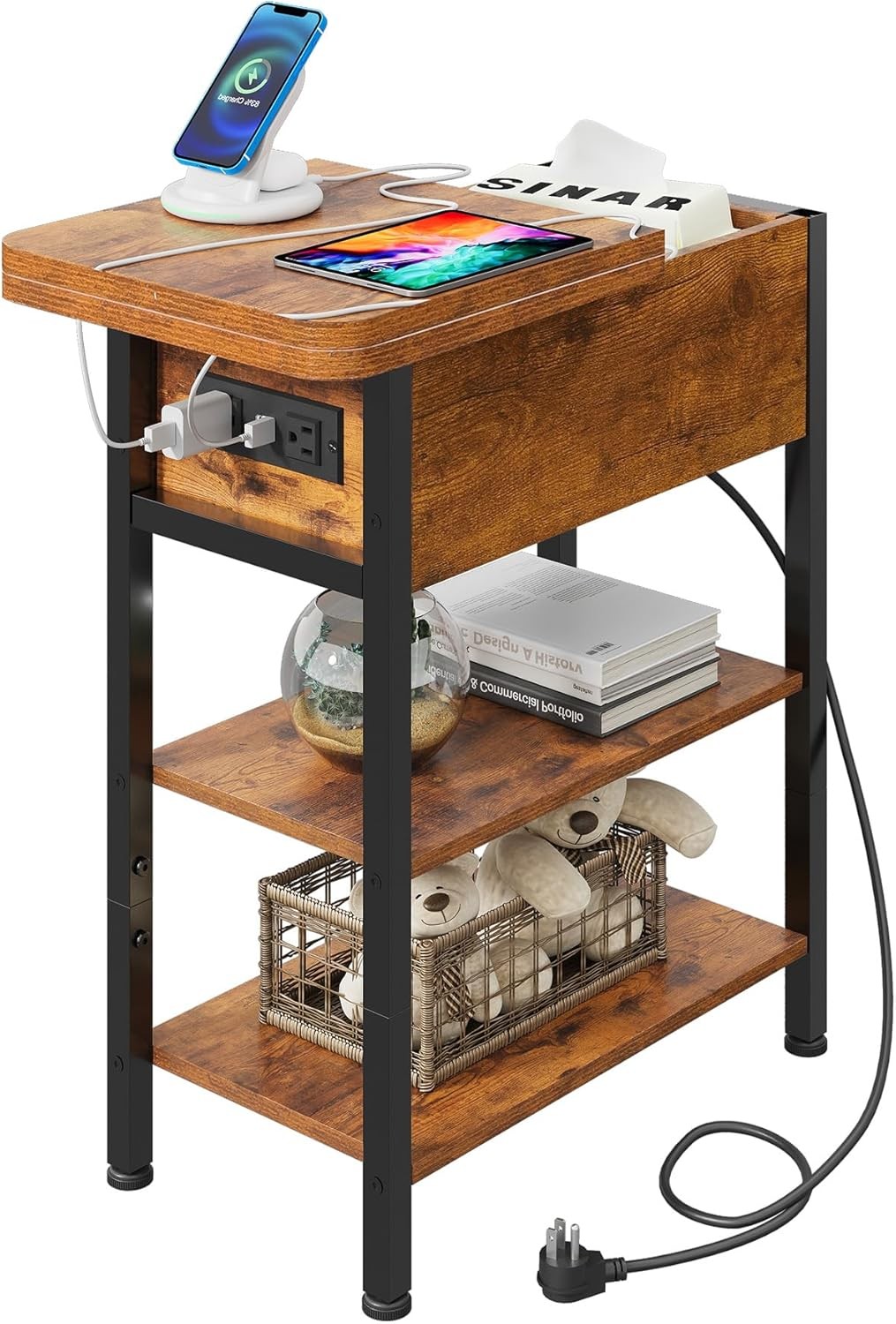 End Table W/ Charging Station Flip Top Narrow Side Table W/ Storage Shelf Small