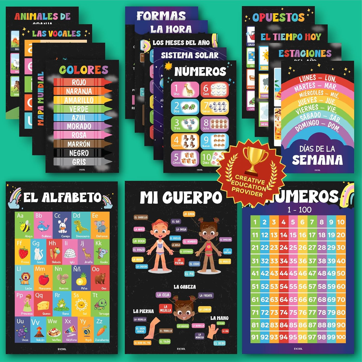 16 Spanish Classroom Posters for Elementary - Chalkboard Bilingual Educational P