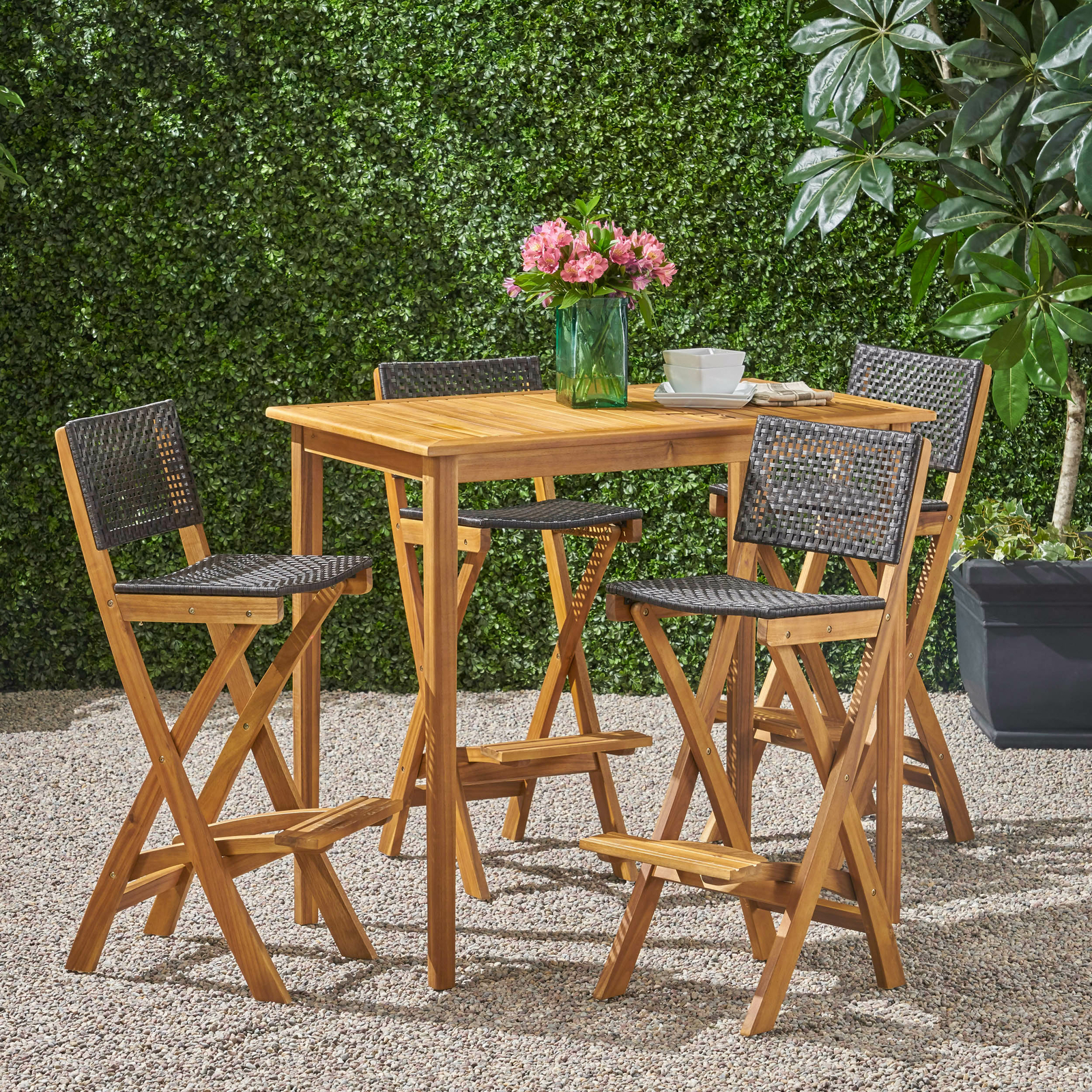 Elizabeth Outdoor 45" Rectangular 5 Piece Wood and Wicker Bar Height Set