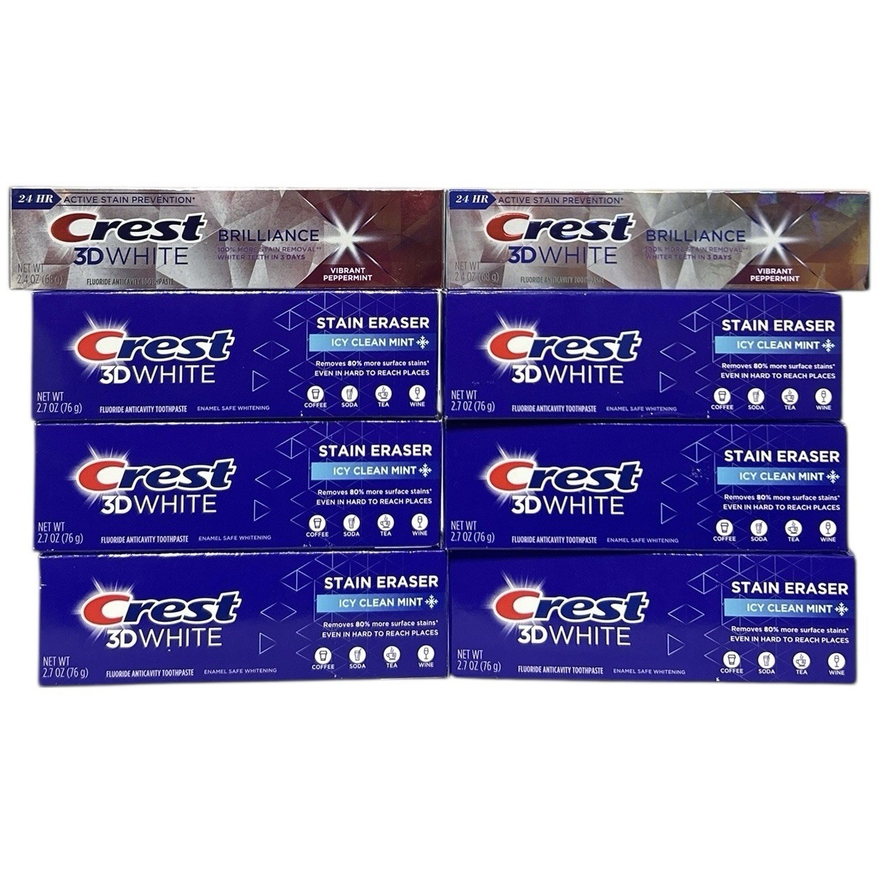6 Crest 3D White Stain Eraser + 2 Brilliance Stain Removal 2.4+ oz Toothpastes